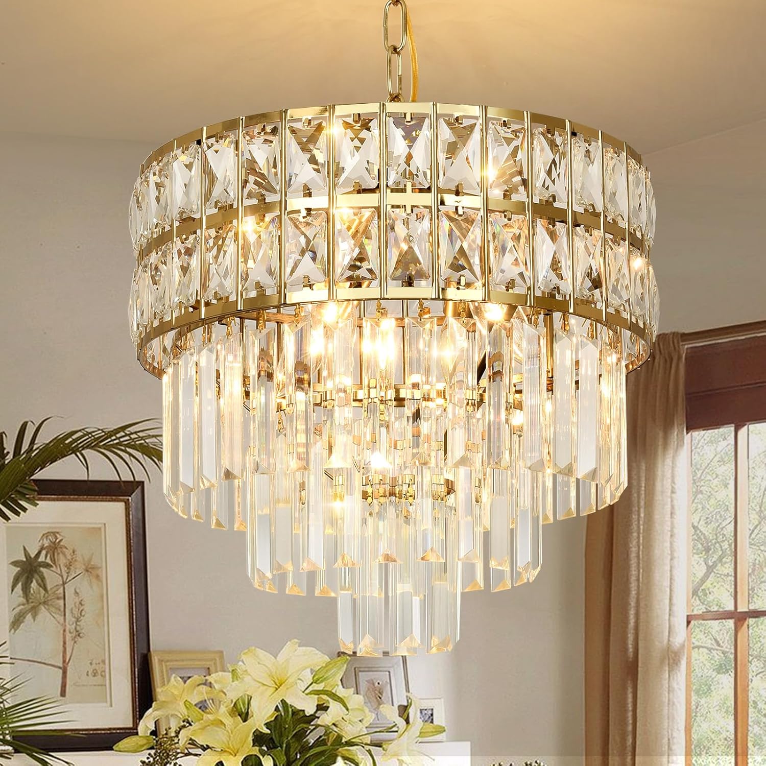 Luxury Modern Gold Adjustable Height Multi-Tier Crystal Chandelier Round LED Ceiling Pendant Light
