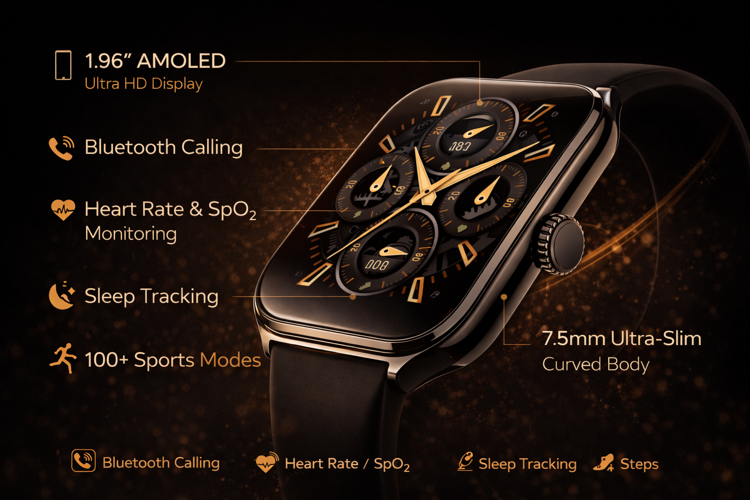 Morrison Curved AMOLED Smart Watch for Men 1.96'' HD Display Bluetooth Call Ultra Thin Metal Case