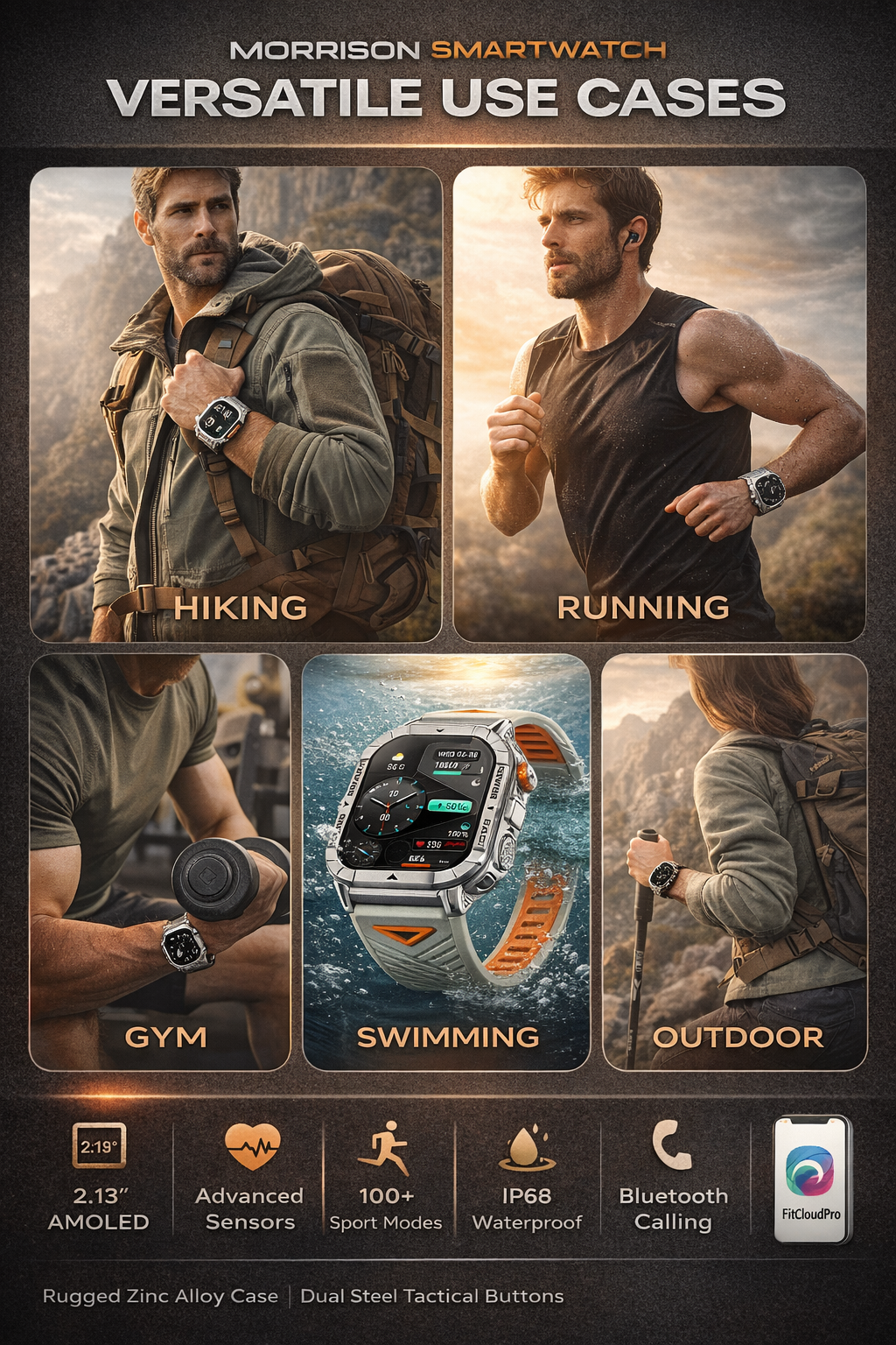 Morrison AMOLED Outdoor Smart Watch 2.13'' HD Display IP68 Waterproof Bluetooth Call Sports Fitness Tracker