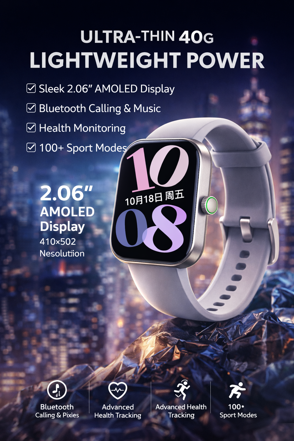 Morrison Luxury AMOLED Smart Watch 2.06'' IP68 Waterproof Bluetooth Call Sports Fitness Watch