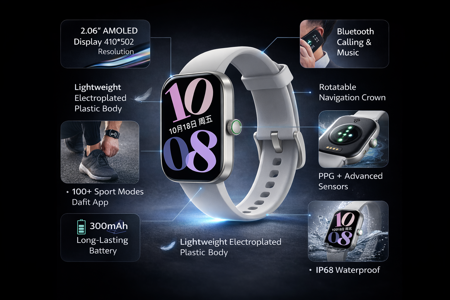Morrison Luxury AMOLED Smart Watch 2.06'' IP68 Waterproof Bluetooth Call Sports Fitness Watch