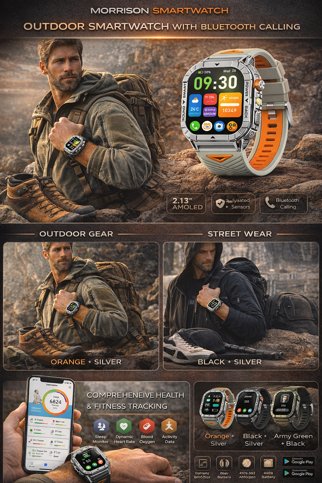 Morrison AMOLED Outdoor Smart Watch 2.13'' HD Display IP68 Waterproof Bluetooth Call Sports Fitness Tracker