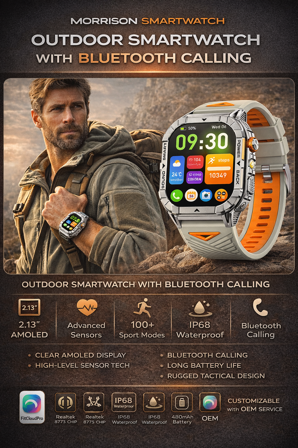 Morrison AMOLED Outdoor Smart Watch 2.13'' HD Display IP68 Waterproof Bluetooth Call Sports Fitness Tracker
