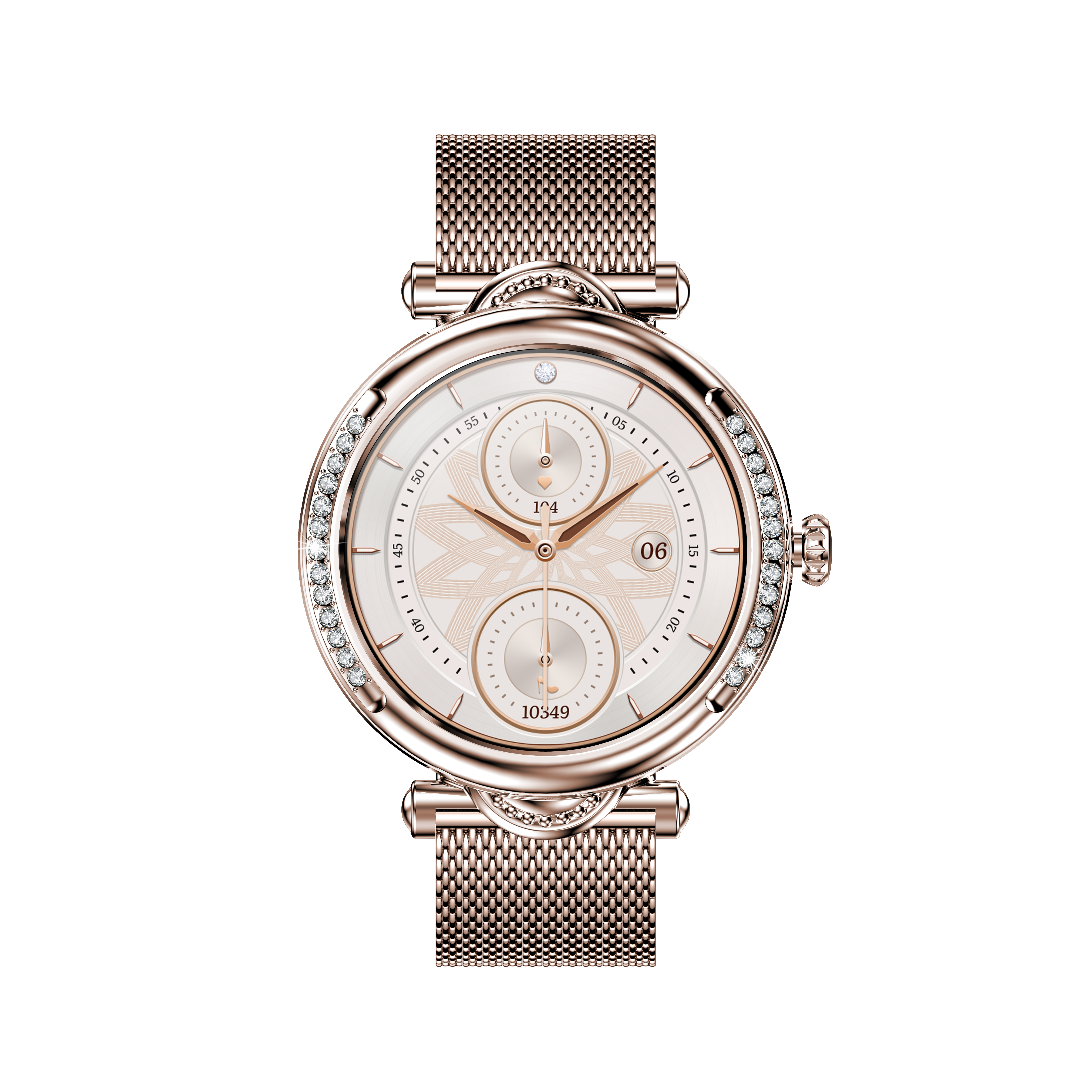 Luxury Women’s Diamond Round Smart Watch, 1.27'' 360*360, Zinc Alloy Case, Call Function, Milanese Strap, IP68 Waterproof, 100+ Sports Modes