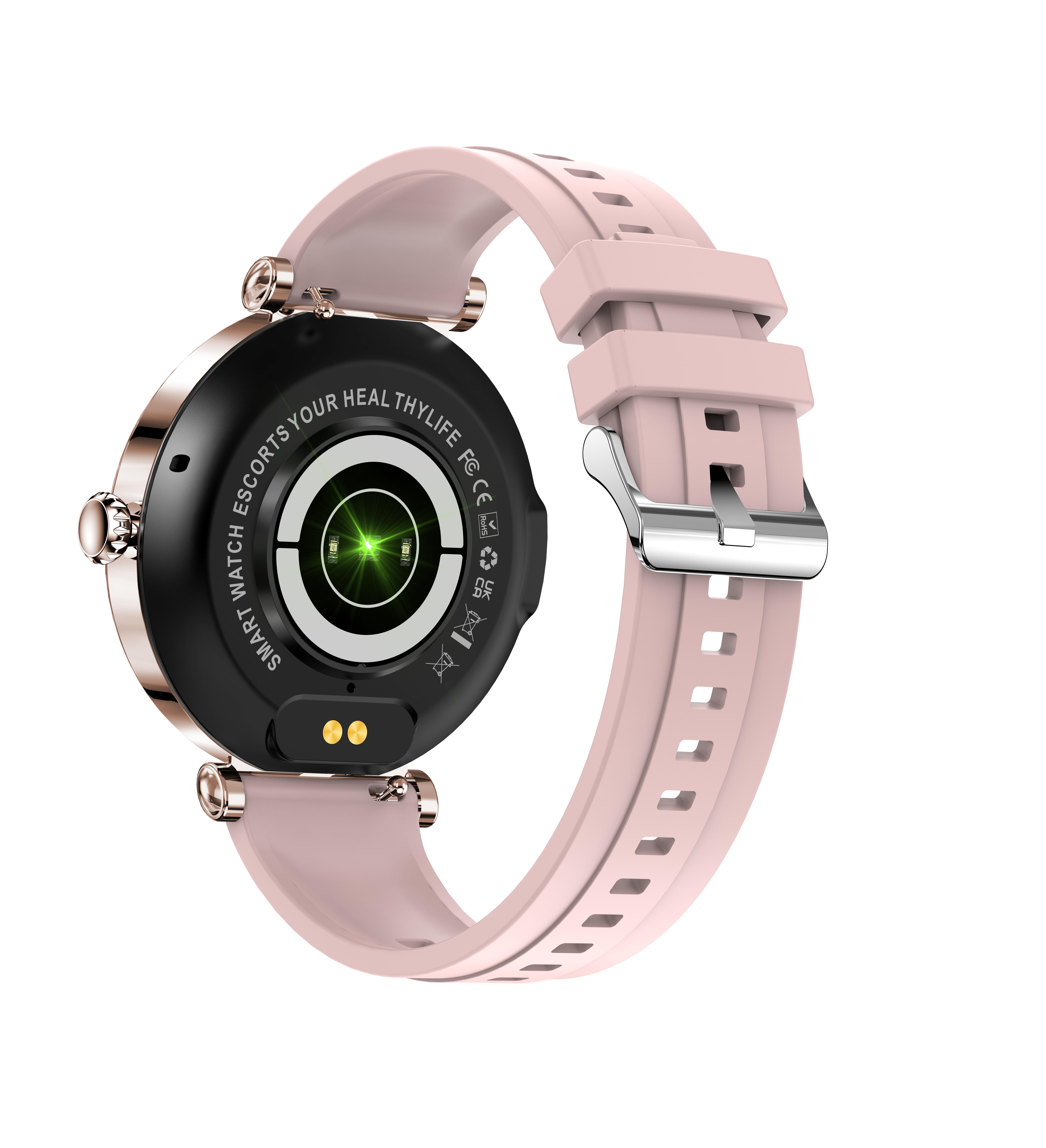 Elegant Round Ladies Smartwatch – 1.27″ 360×360, IP68 Waterproof, Bluetooth Call, Diamond Bezel, Zinc Alloy, Pink Silicone
