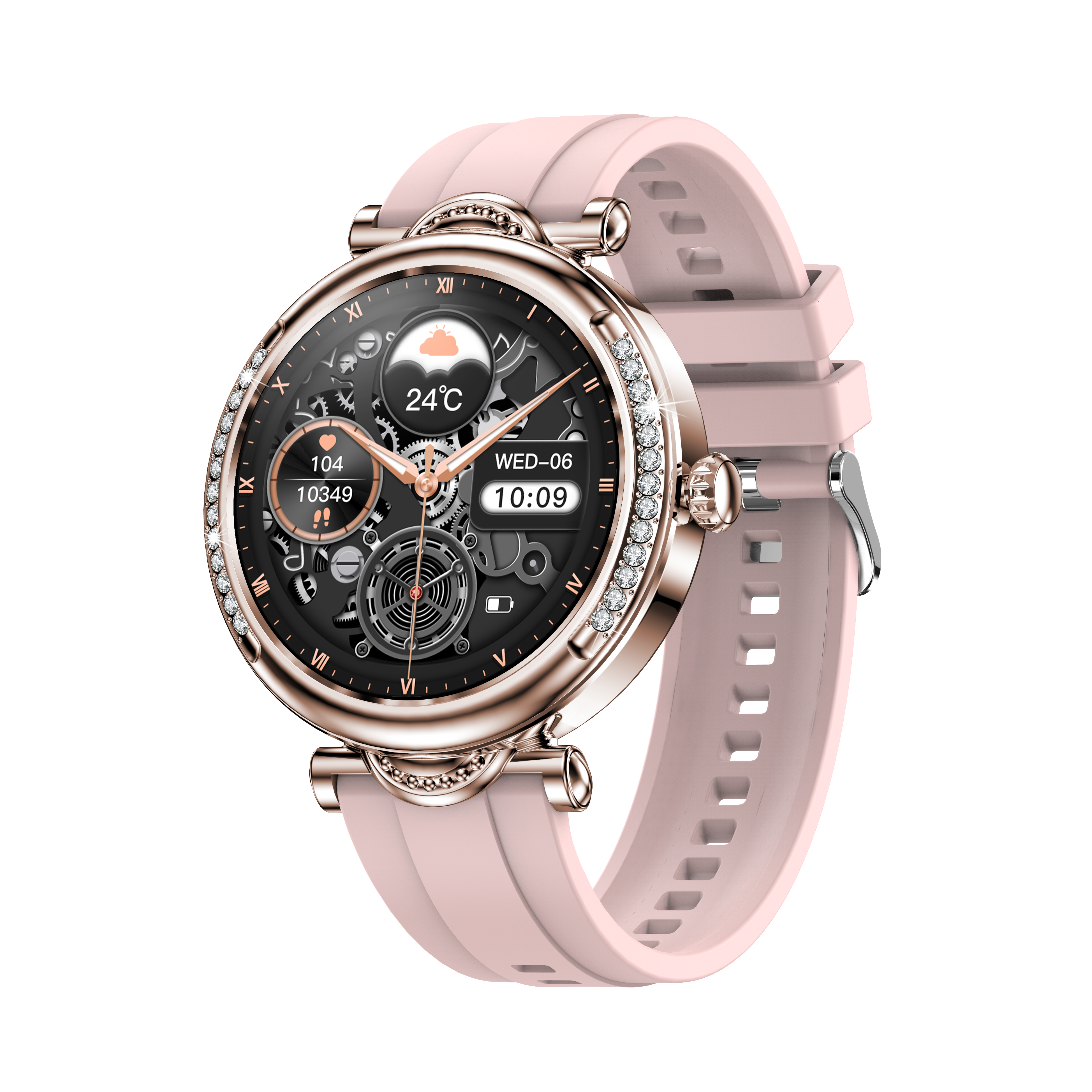 Elegant Round Ladies Smartwatch – 1.27″ 360×360, IP68 Waterproof, Bluetooth Call, Diamond Bezel, Zinc Alloy, Pink Silicone