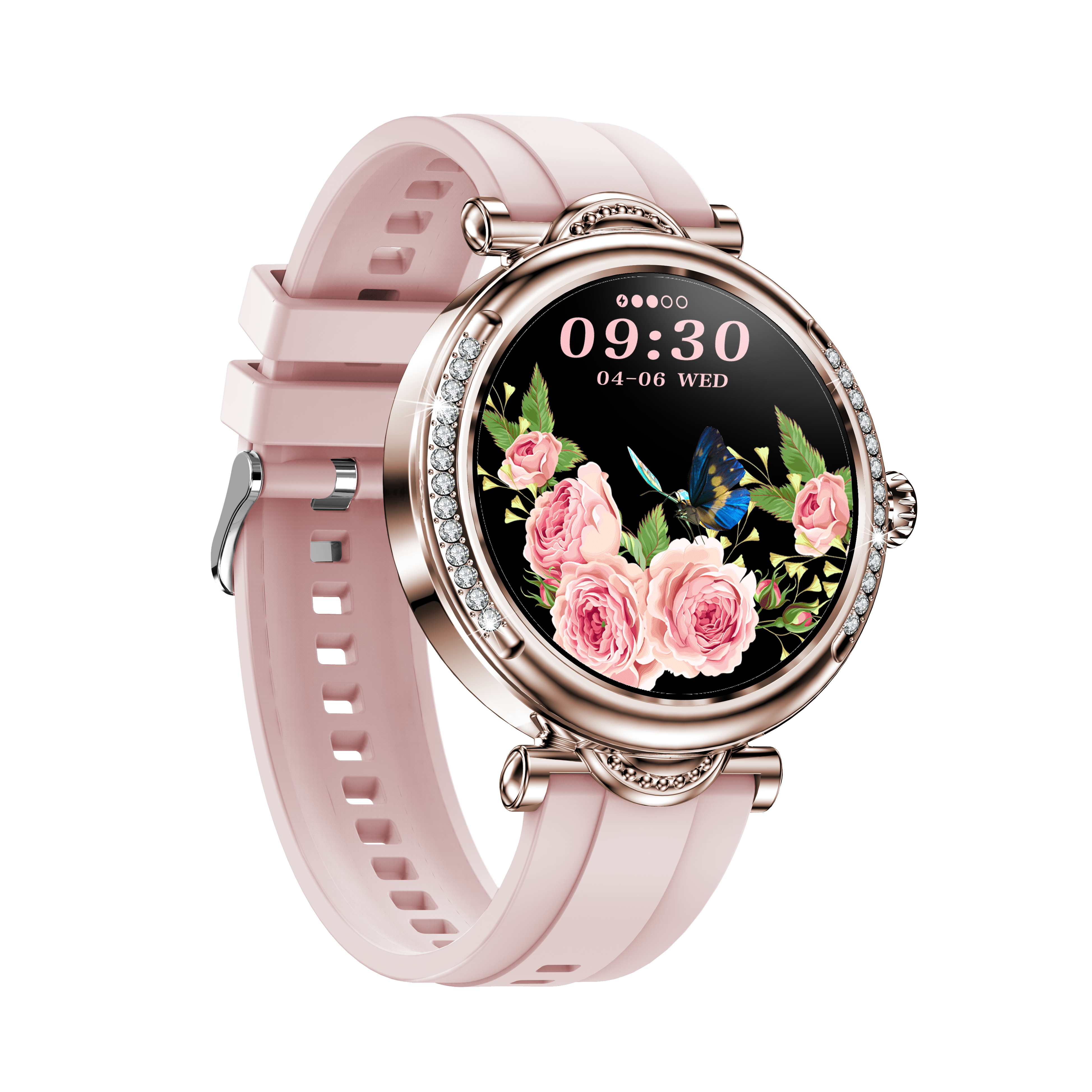 Elegant Round Ladies Smartwatch – 1.27″ 360×360, IP68 Waterproof, Bluetooth Call, Diamond Bezel, Zinc Alloy, Pink Silicone