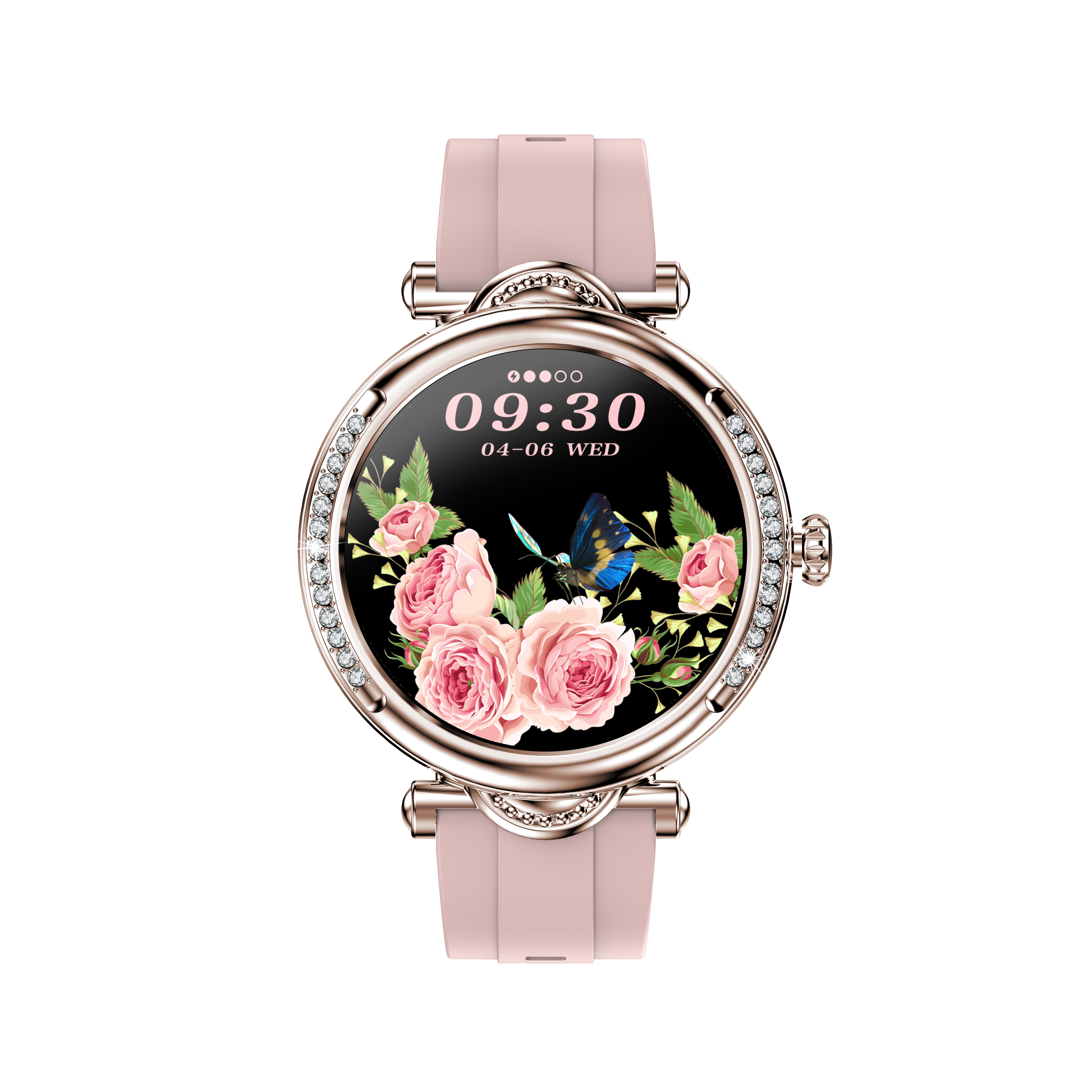 Elegant Round Ladies Smartwatch – 1.27″ 360×360, IP68 Waterproof, Bluetooth Call, Diamond Bezel, Zinc Alloy, Pink Silicone