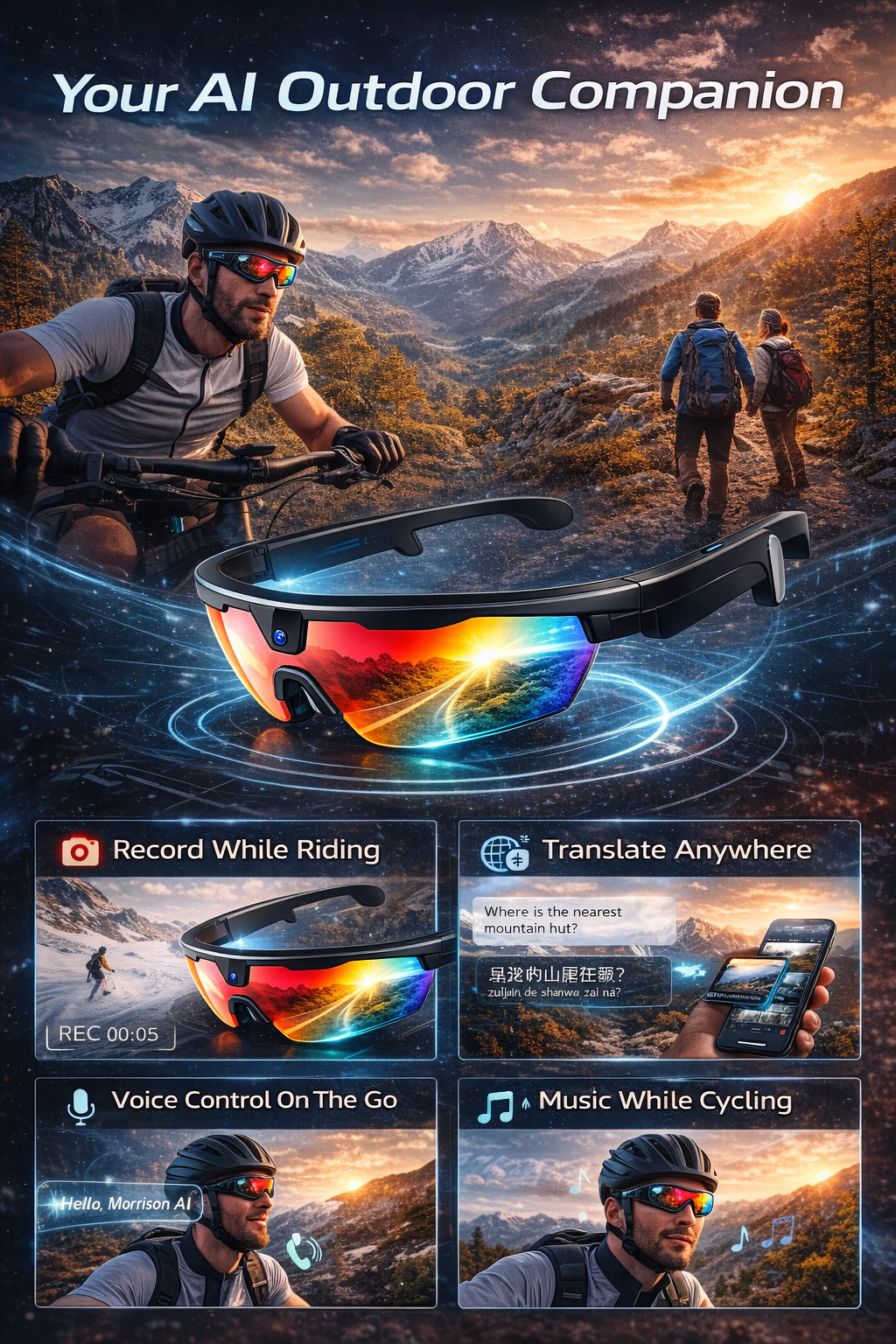 Morrison AI Smart Glasses 8MP HD Camera UV400 Outdoor Cycling Ski Bluetooth Voice Control Glasses