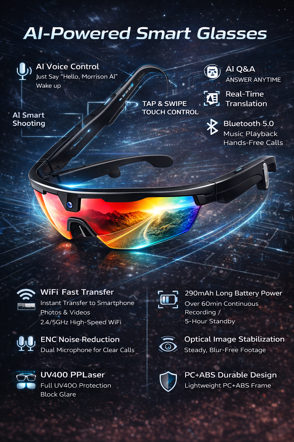 Morrison AI Smart Glasses 8MP HD Camera UV400 Outdoor Cycling Ski Bluetooth Voice Control Glasses