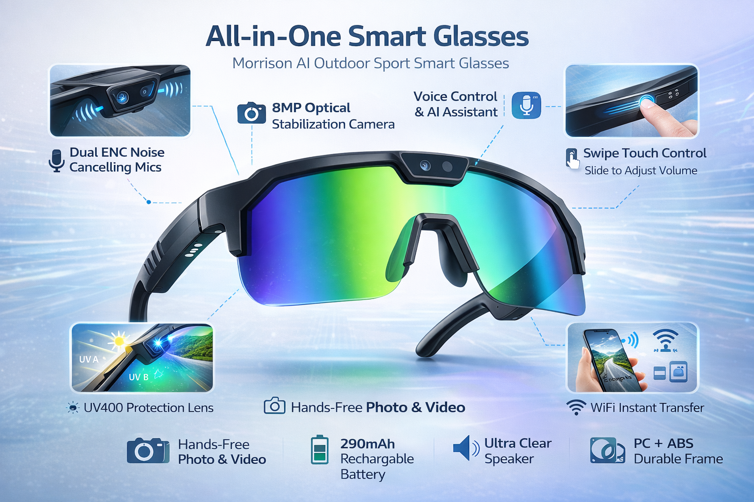 New Gen AI Smart Glasses with HD POV Camera Bluetooth Voice Control for Cycling Skiing Vlog