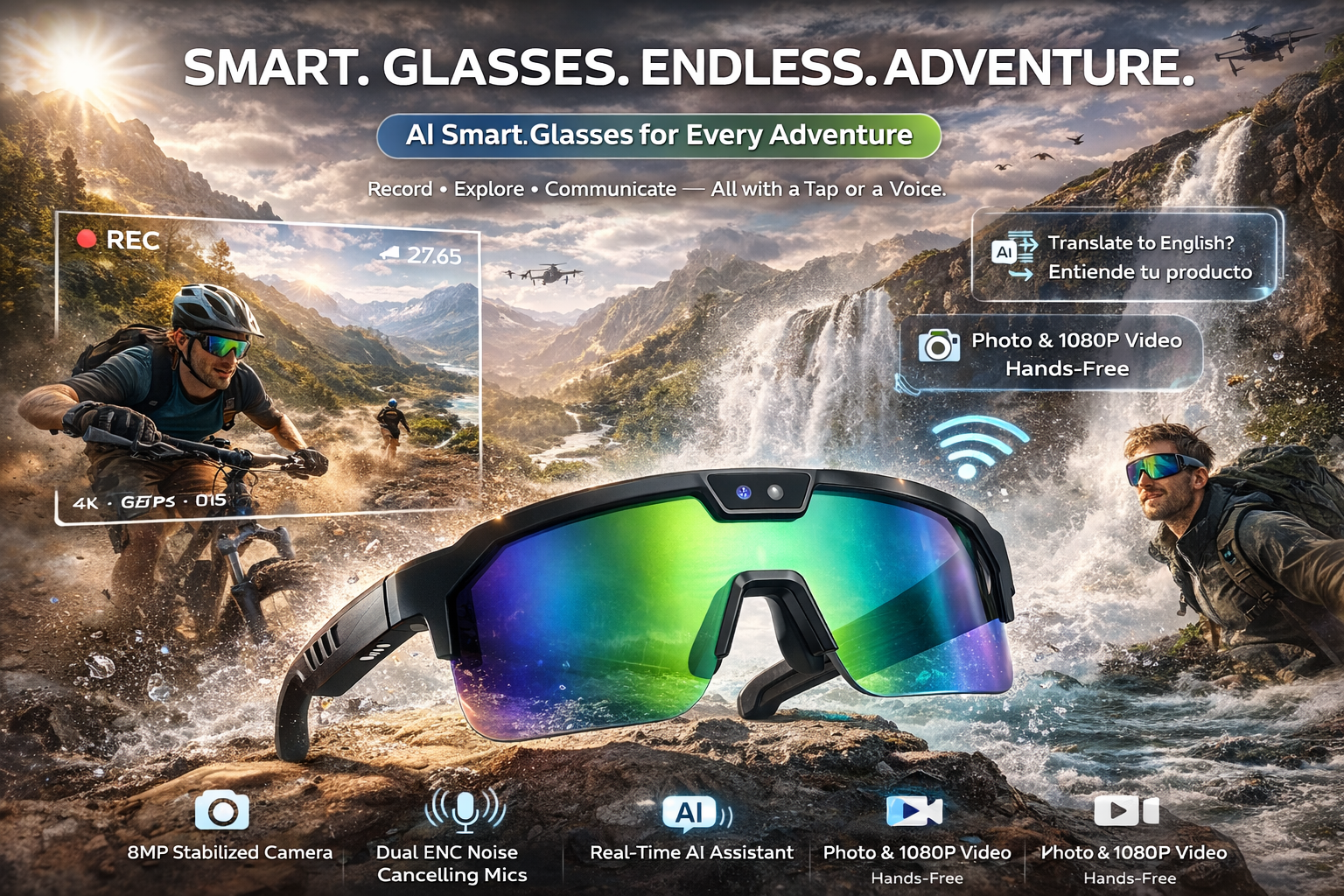 New Gen AI Smart Glasses with HD POV Camera Bluetooth Voice Control for Cycling Skiing Vlog