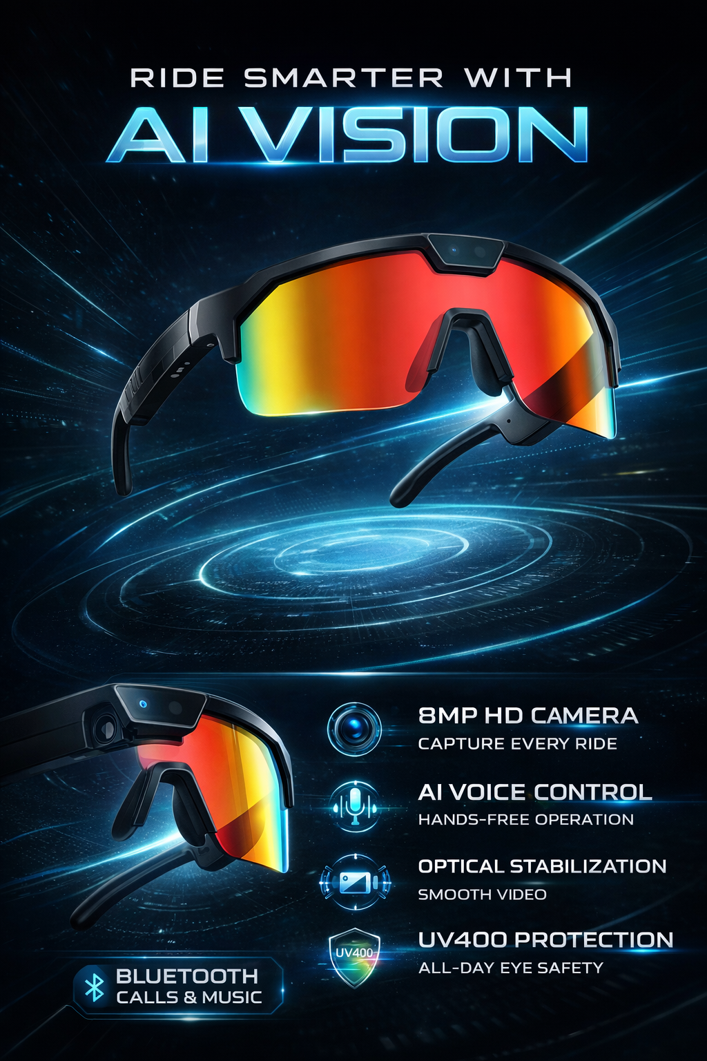 Morrison AI Smart Sports Glasses 8MP HD POV Camera Bluetooth Voice Control UV400 Cycling Skiing Sunglasses