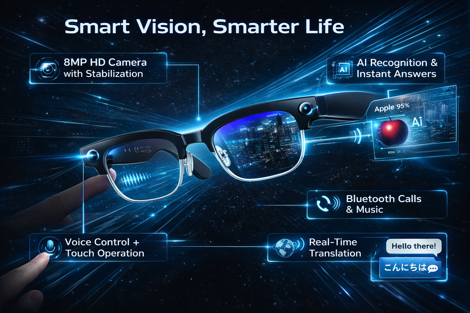 Morrison Portable Bluetooth HD POV Video Shooting Vlog AI Smart Glasses 8MP Camera Anti Shake WiFi