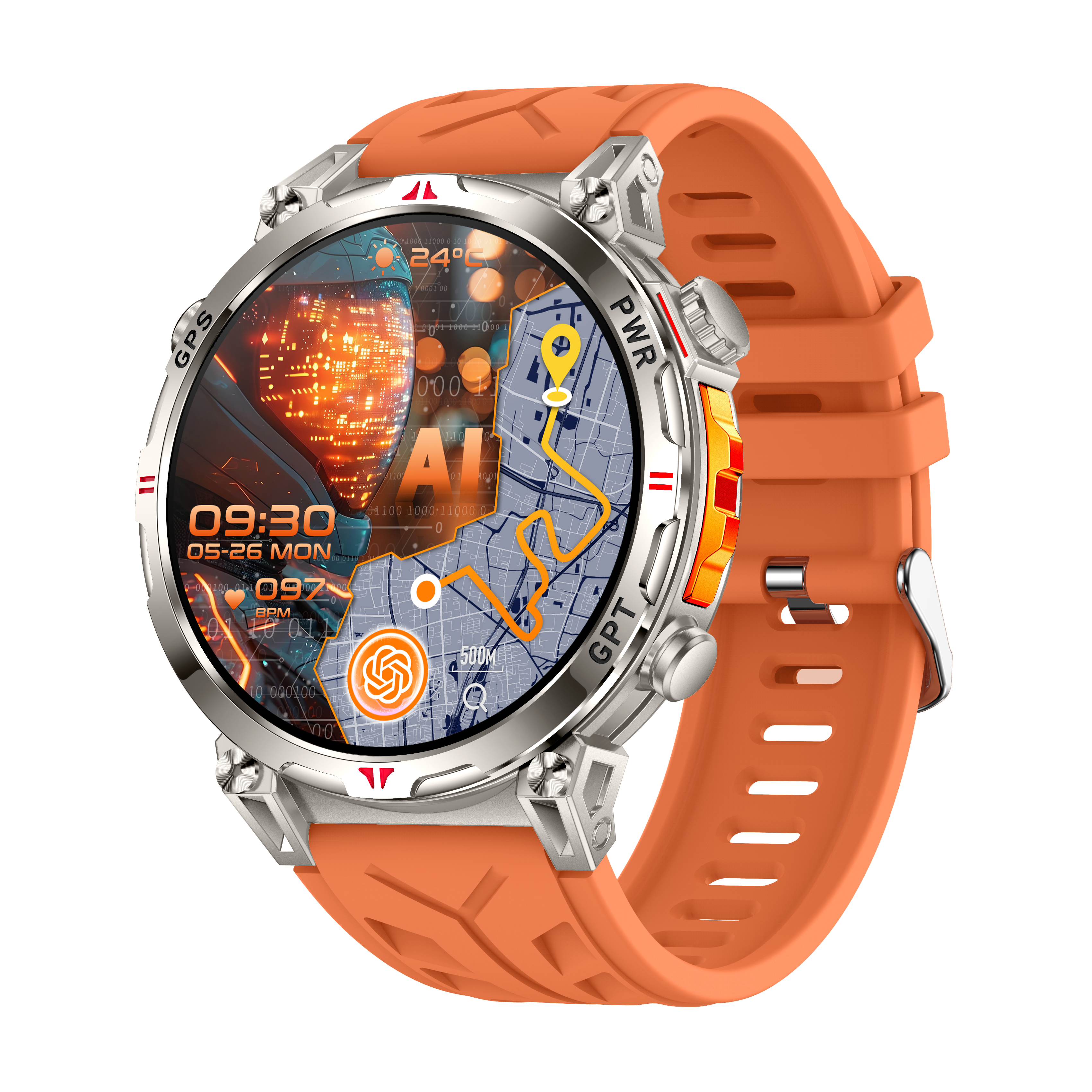 AI Smart GPS Sports Watch, Outdoor Adventure, Full Touch Screen, Heart Rate, Rugged Design, Orange Strap