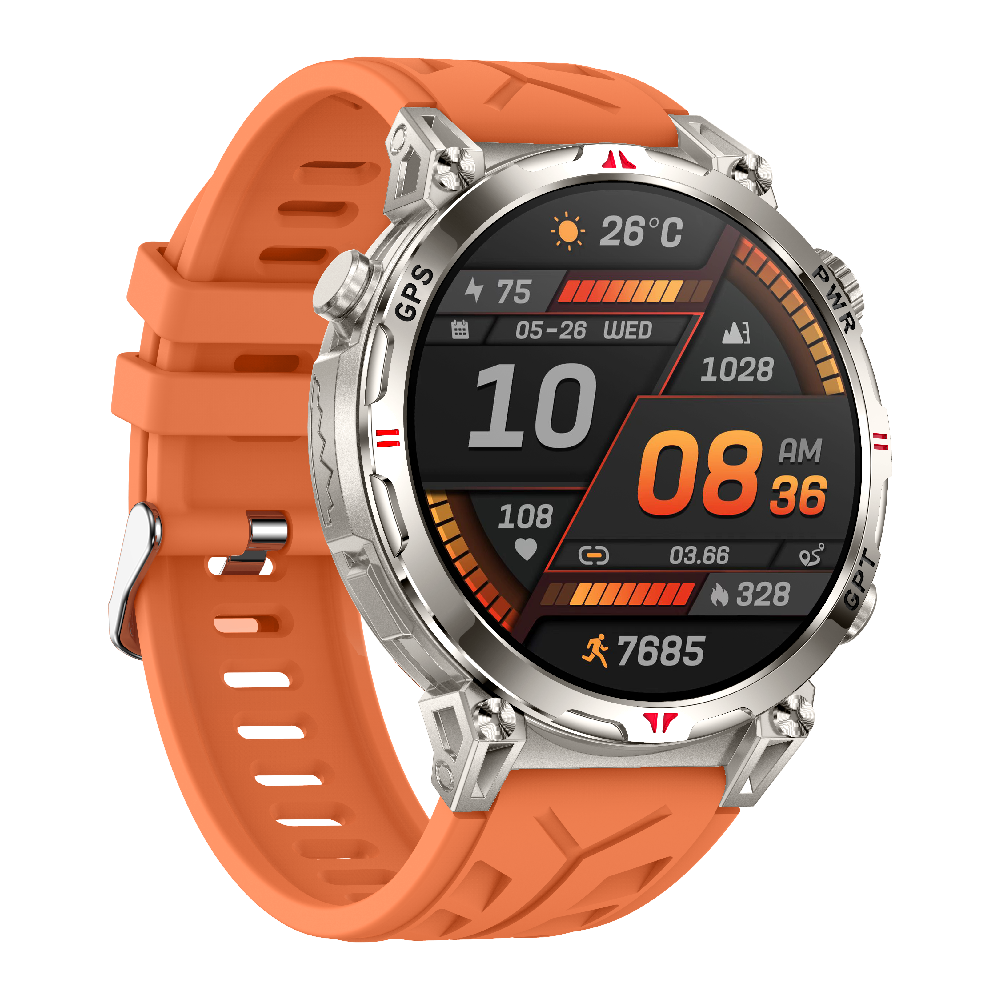 AI Smart GPS Sports Watch, Outdoor Adventure, Full Touch Screen, Heart Rate, Rugged Design, Orange Strap