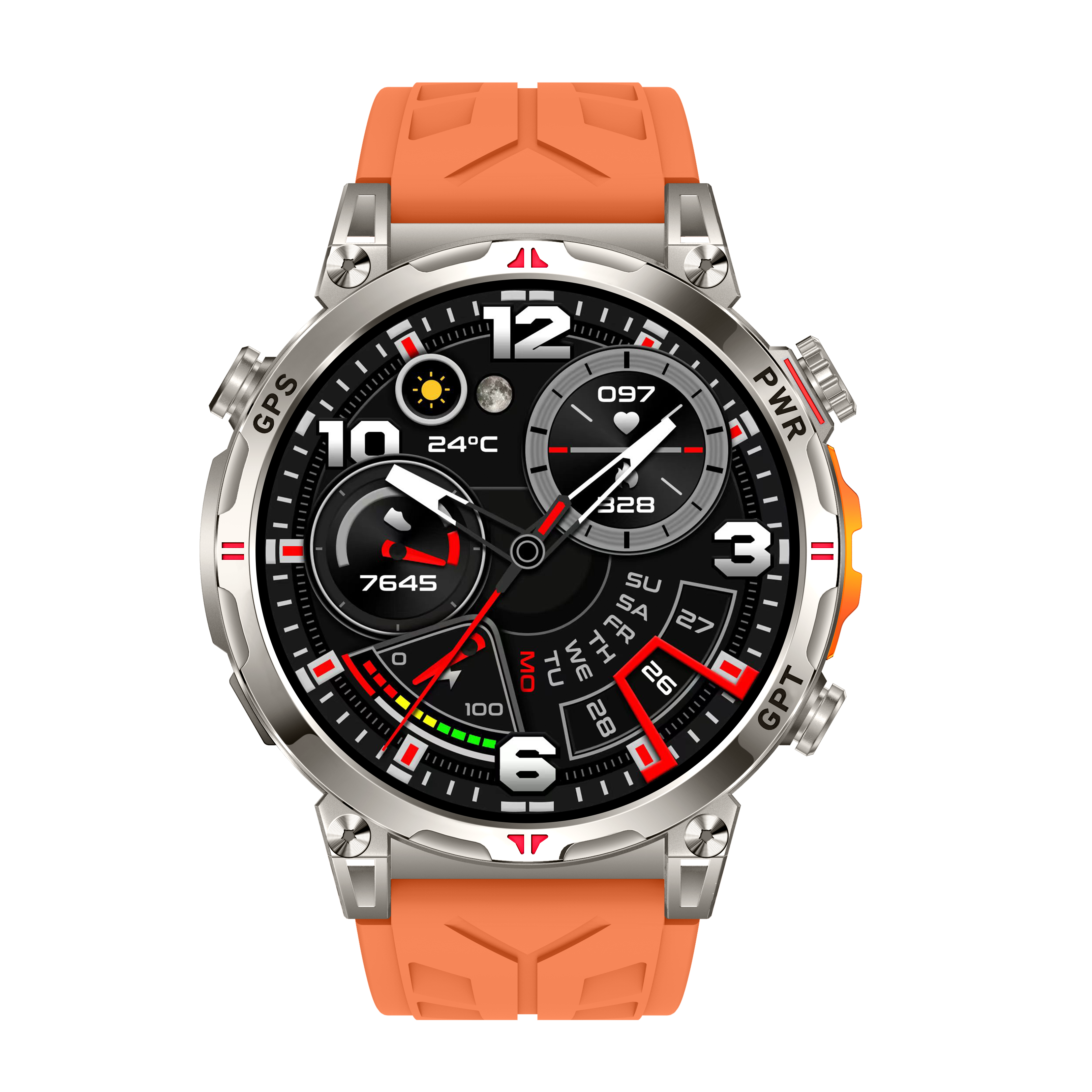 AI Smart GPS Sports Watch, Outdoor Adventure, Full Touch Screen, Heart Rate, Rugged Design, Orange Strap
