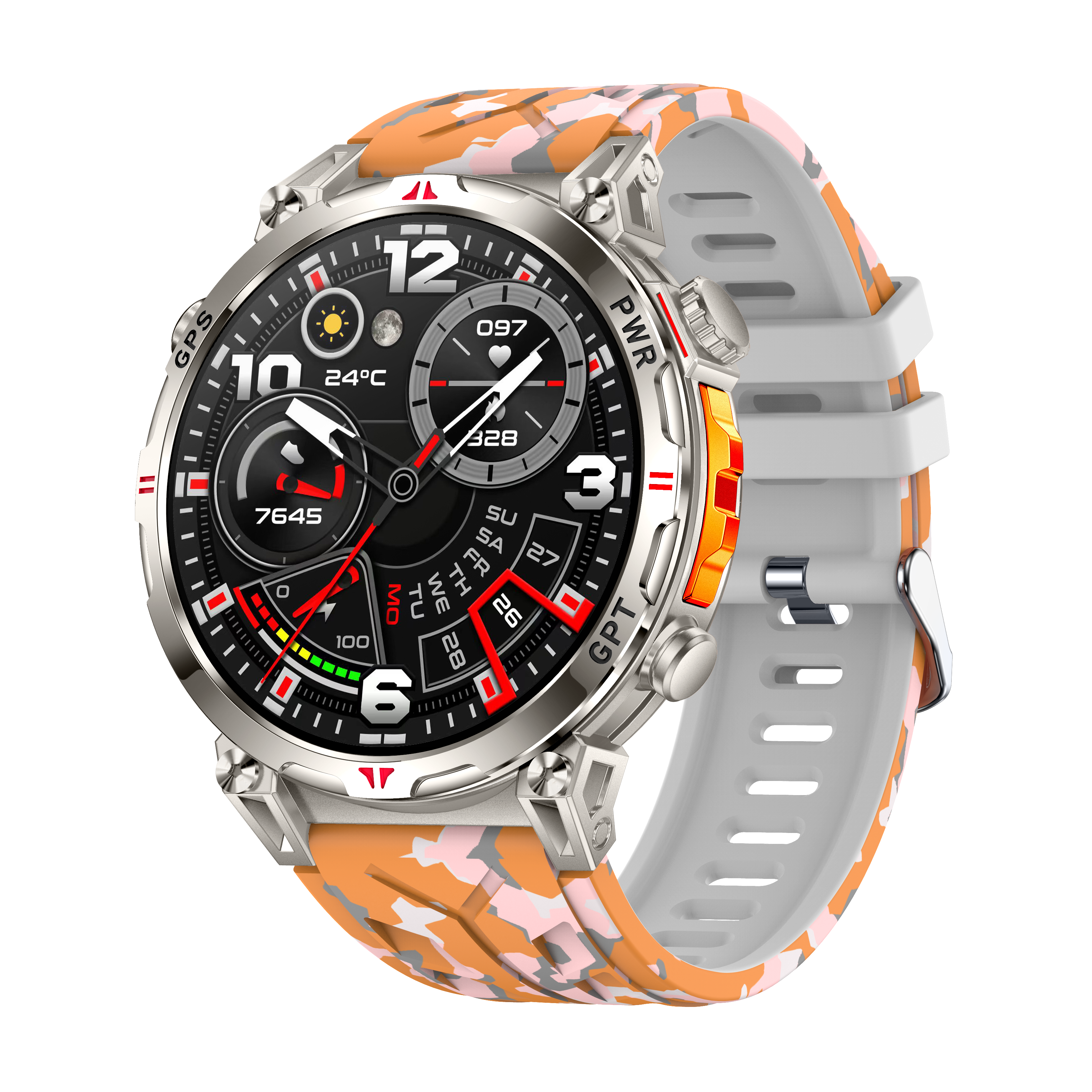 AI Smart GPS Sports Watch, Outdoor Adventure, Full Touch Screen, Heart Rate, Rugged Design, Orange Strap