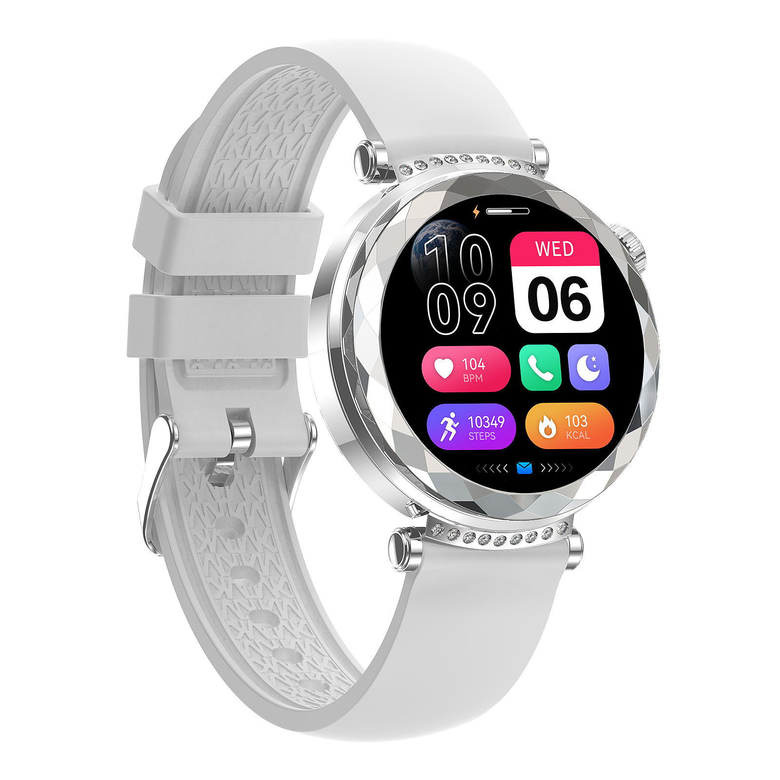 Elegant 1.19'' AMOLED Women’s Smart Watch, White Silicone Strap, IP68 Waterproof, Full Touch Round Display