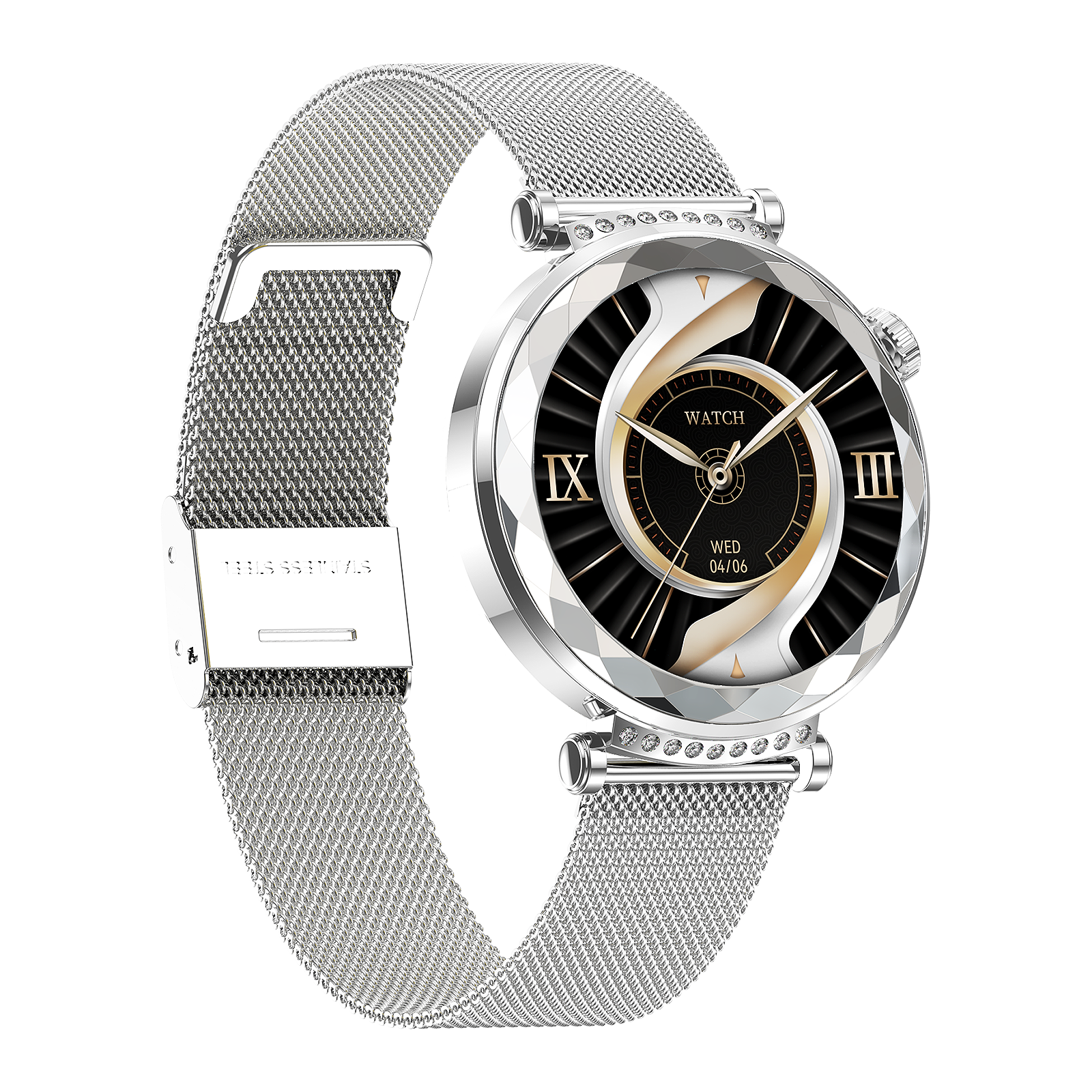 Elegant 1.19'' AMOLED Women’s Smart Watch, Silver Milanese Strap, IP68 Waterproof, Full Touch Round Display