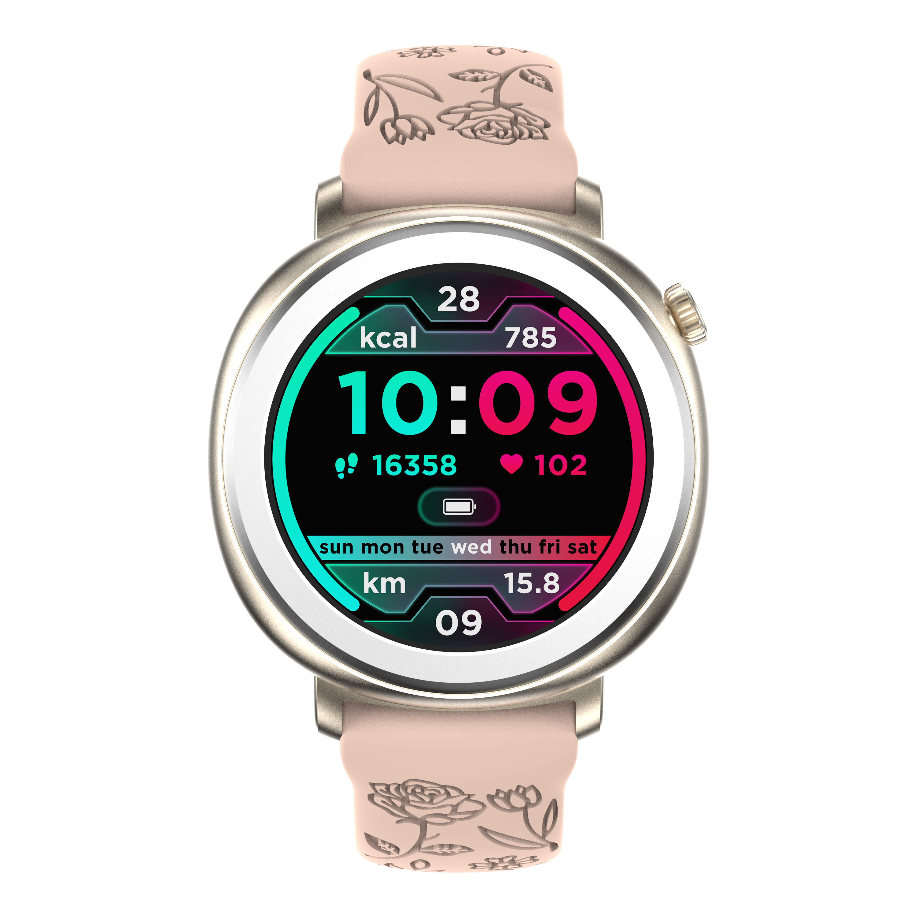 Elegant Round Women’s Smartwatch with Floral Band and Colorful Display