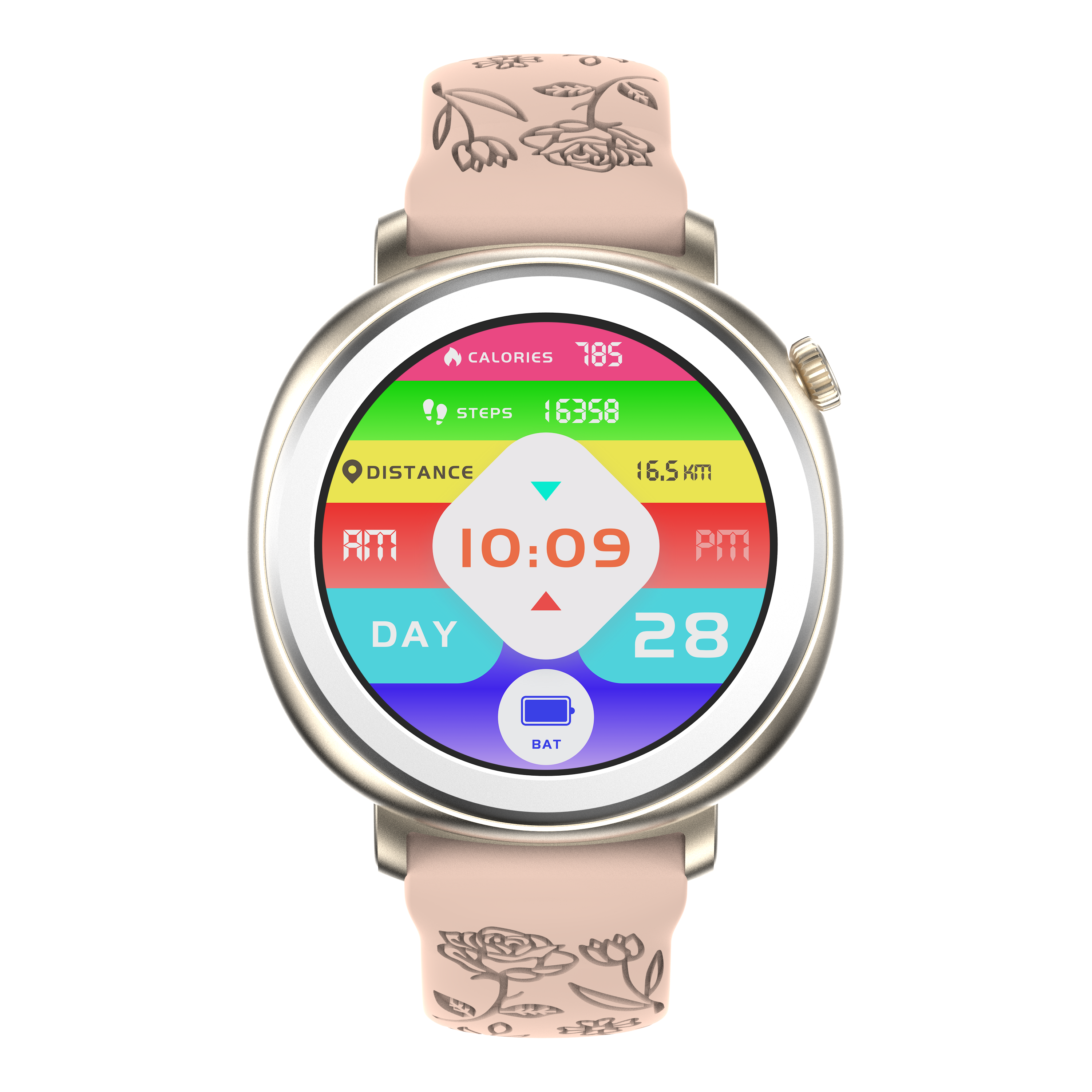 Elegant Round Women’s Smartwatch with Floral Band and Colorful Display