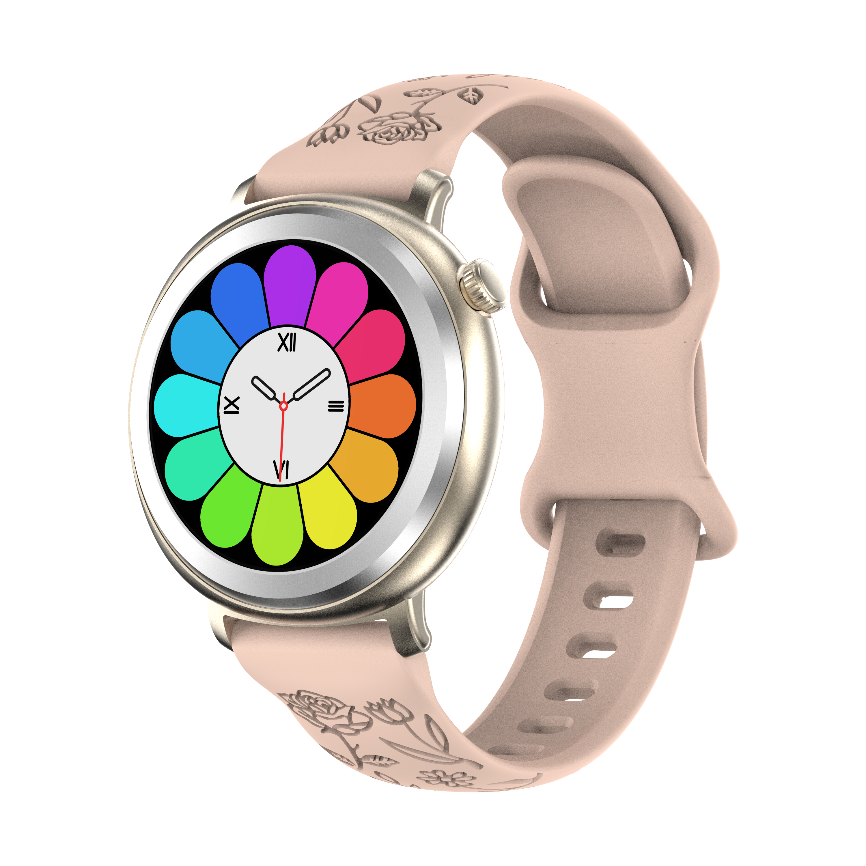Elegant Round Women’s Smartwatch with Floral Band and Colorful Display