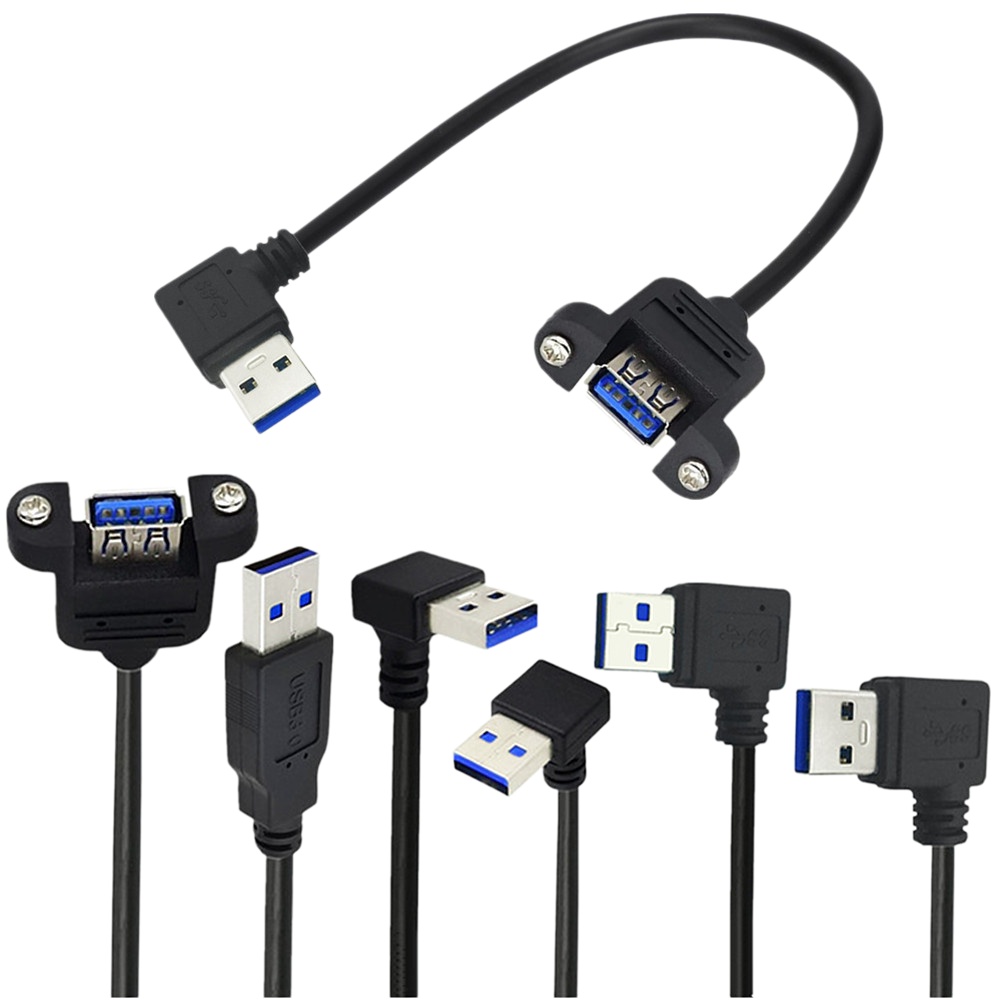 USB 3.0 Male Elbow to Female Extension Cable with Screw Holes and Mounting Ears, USB 3.0 Male to Female Cable, Fixable