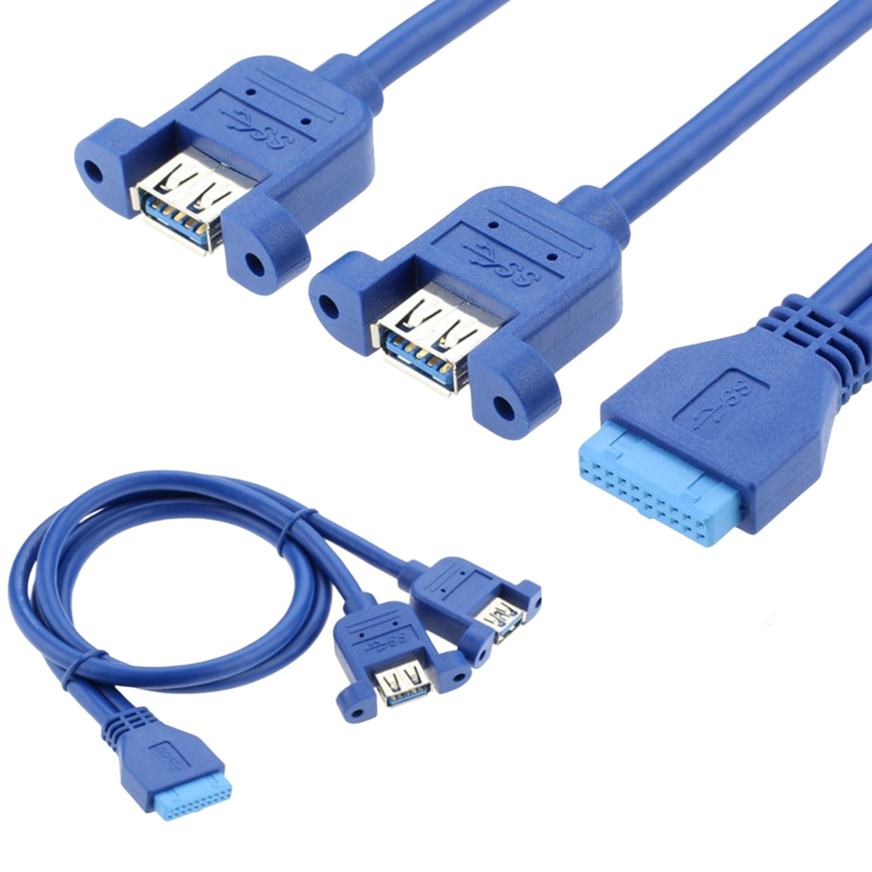 USB 3.0 Cable with Mounting Ears, Motherboard 20P to Dual USB 3.0 Baffle Cable with Ears, 0.5m