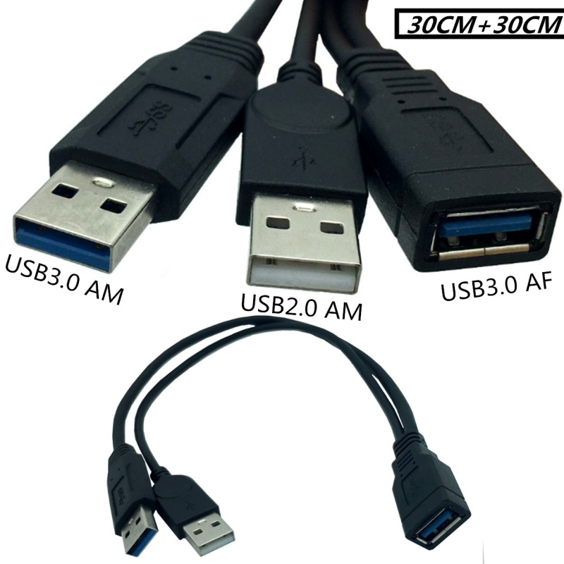 Mobile Hard Drive Data Cable, USB 3.0 Female to Dual USB Male Extension Cable, Enhanced Power Supply, High-Speed Transmission