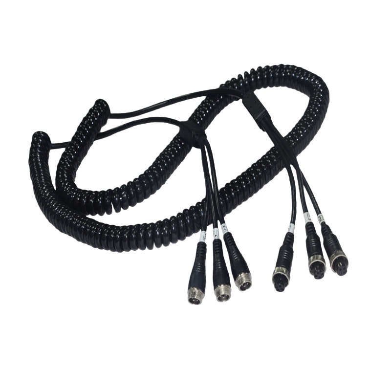 8m 3-Channel Aviation Spring Cable, 4-Core Aviation Plug PU Retractable Cable, Heavy-Duty Thickened Signal Spiral Cable for Trailers