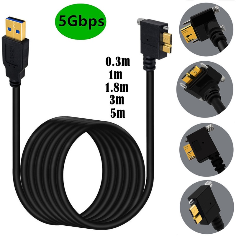 USB 3.0 Locking Screw Cable, Industrial Camera/Hard Drive Enclosure/Player Micro B 90-Degree Angled Locking Screw Data Cable