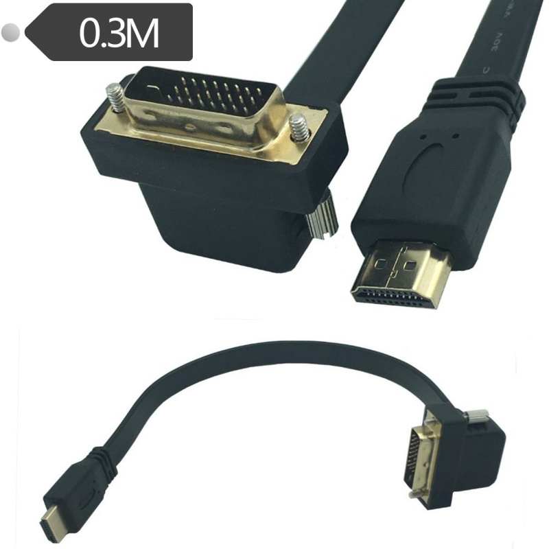 0.3m Flat HDMI to DVI Cable, Right-Angle HDMI Male to DVI 24+1 Male Adapter Cord for Computer to TV Connection