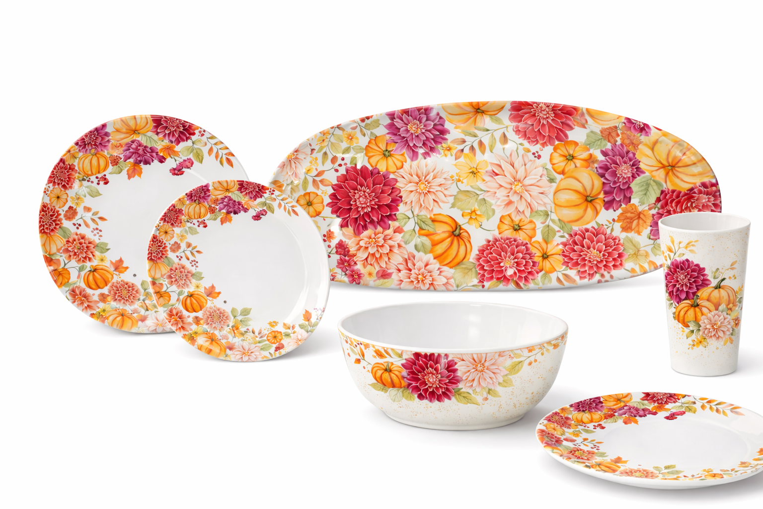Autumn Floral Melamine Tableware Collection – Pumpkin & Fall
