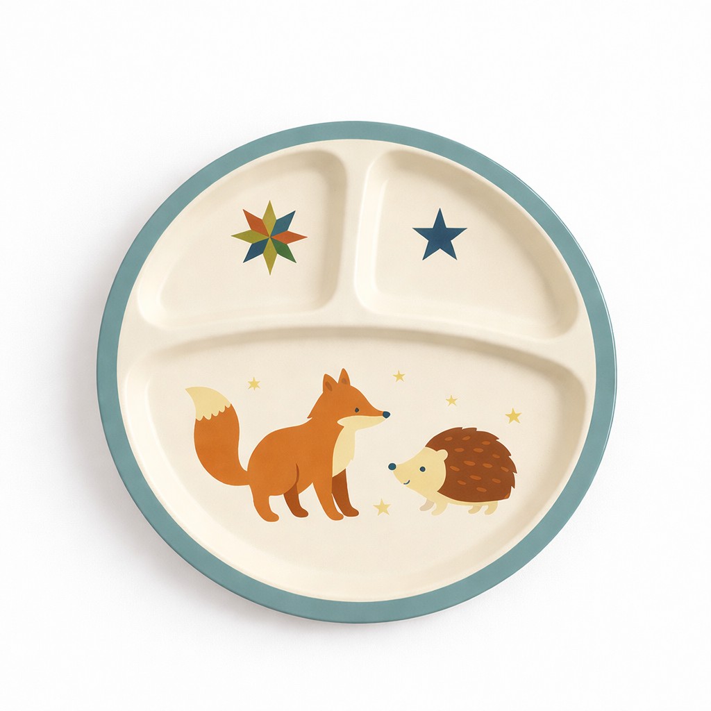 BPA Free Toddler Divided Dinner Plate, Cute Fox, Melamine Di