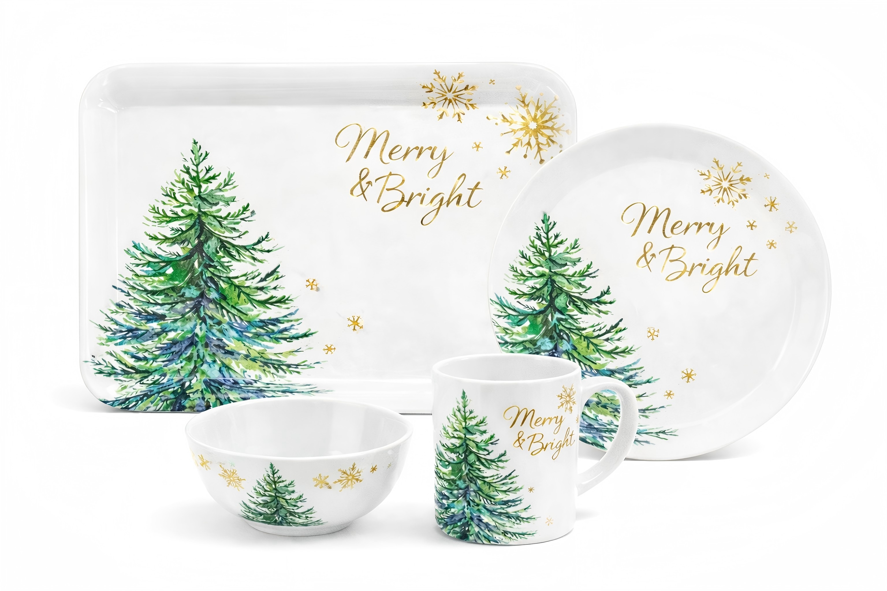 4-Piece Christmas Melamine Dinnerware Set (Tray, Plate, Bowl