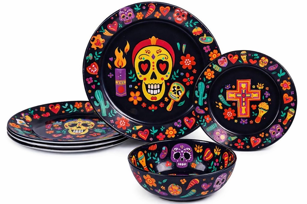 Colorful Sugar Skull Halloween 12-Piece Melamine Dinnerware 