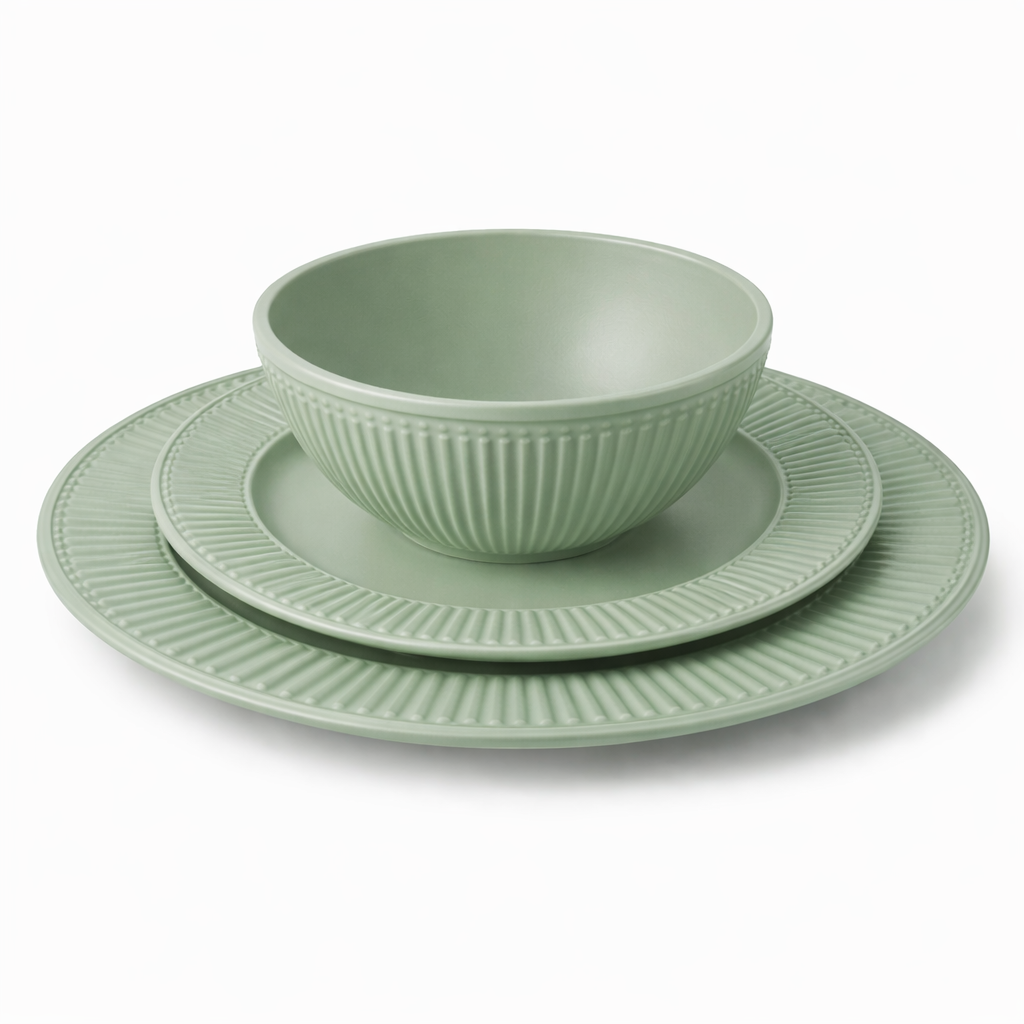Muted Sage Green Melamine Tableware with Fluted Texture