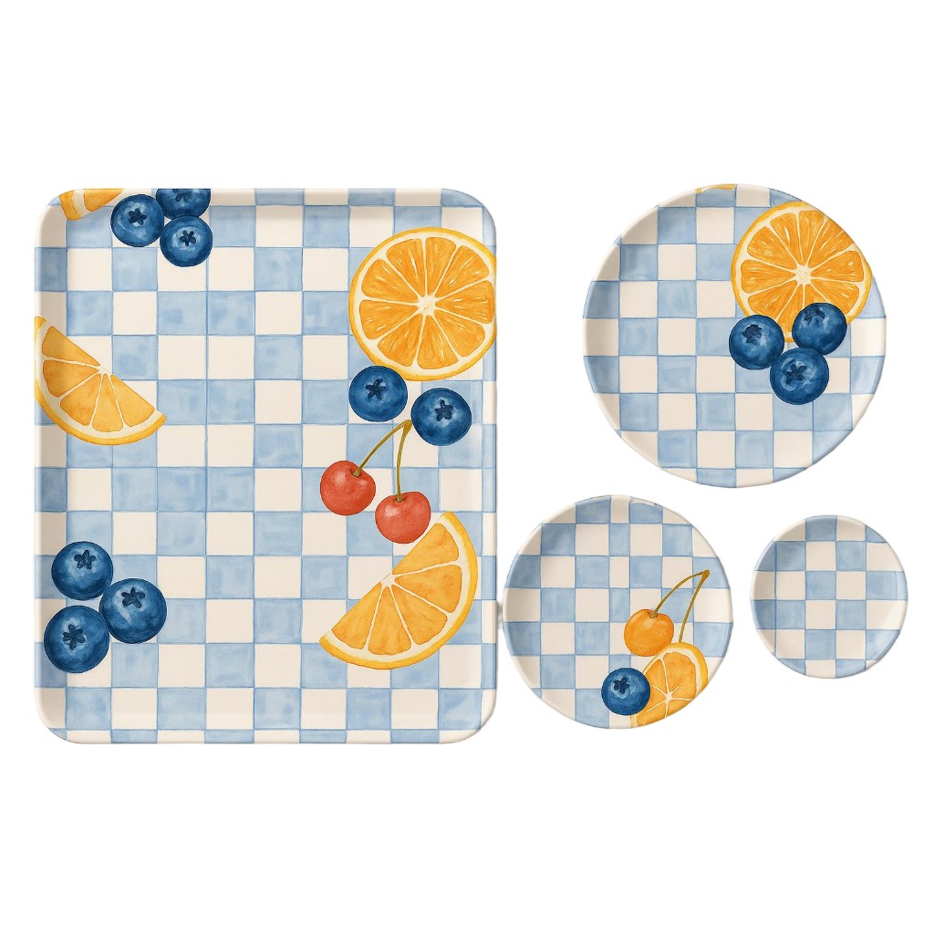 Fruit Checkerboard Dinnerware Set – Blue & White Grid Tray a