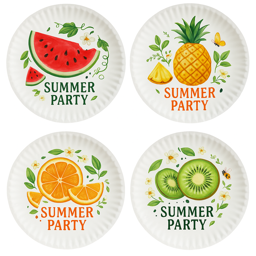 Summer Party Melamine Plate Set – 4 Reusable Fruit Design Pl