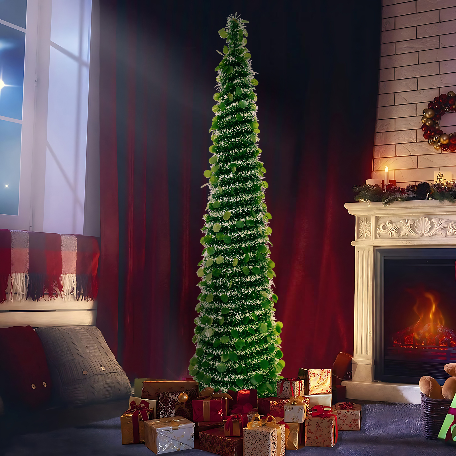 Classic Green Tinsel Cone Tree – Sequin & Snowy Christmas Decor