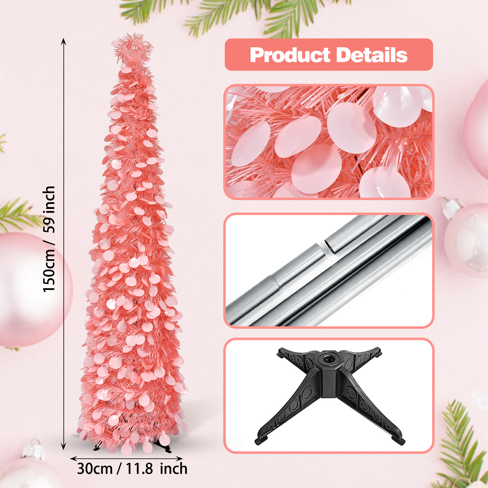 Pink Sequin Tinsel Cone Christmas Tree – Modern Holiday Decor