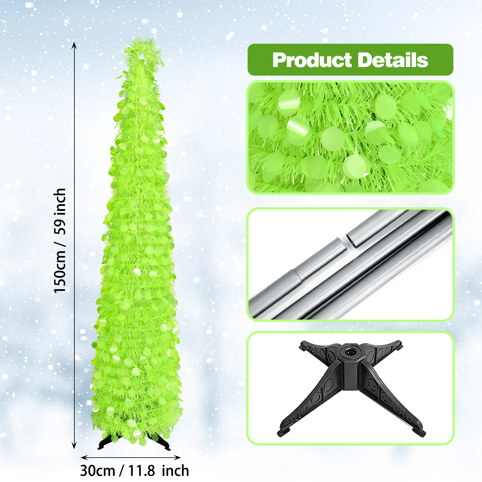 Neon Green Sequin Tinsel Cone Tree – Modern Holiday Tabletop Decor