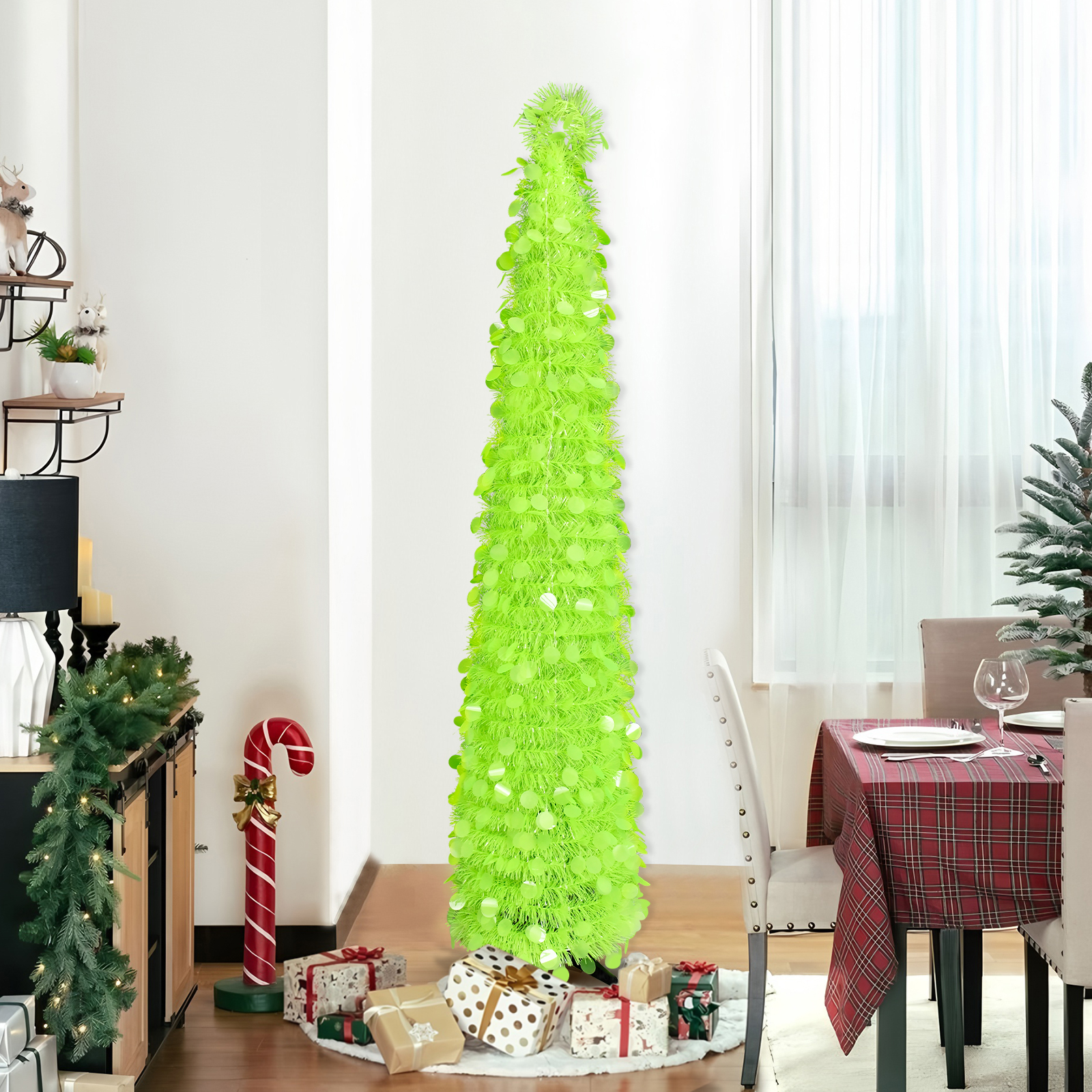 Neon Green Sequin Tinsel Cone Tree – Modern Holiday Tabletop Decor