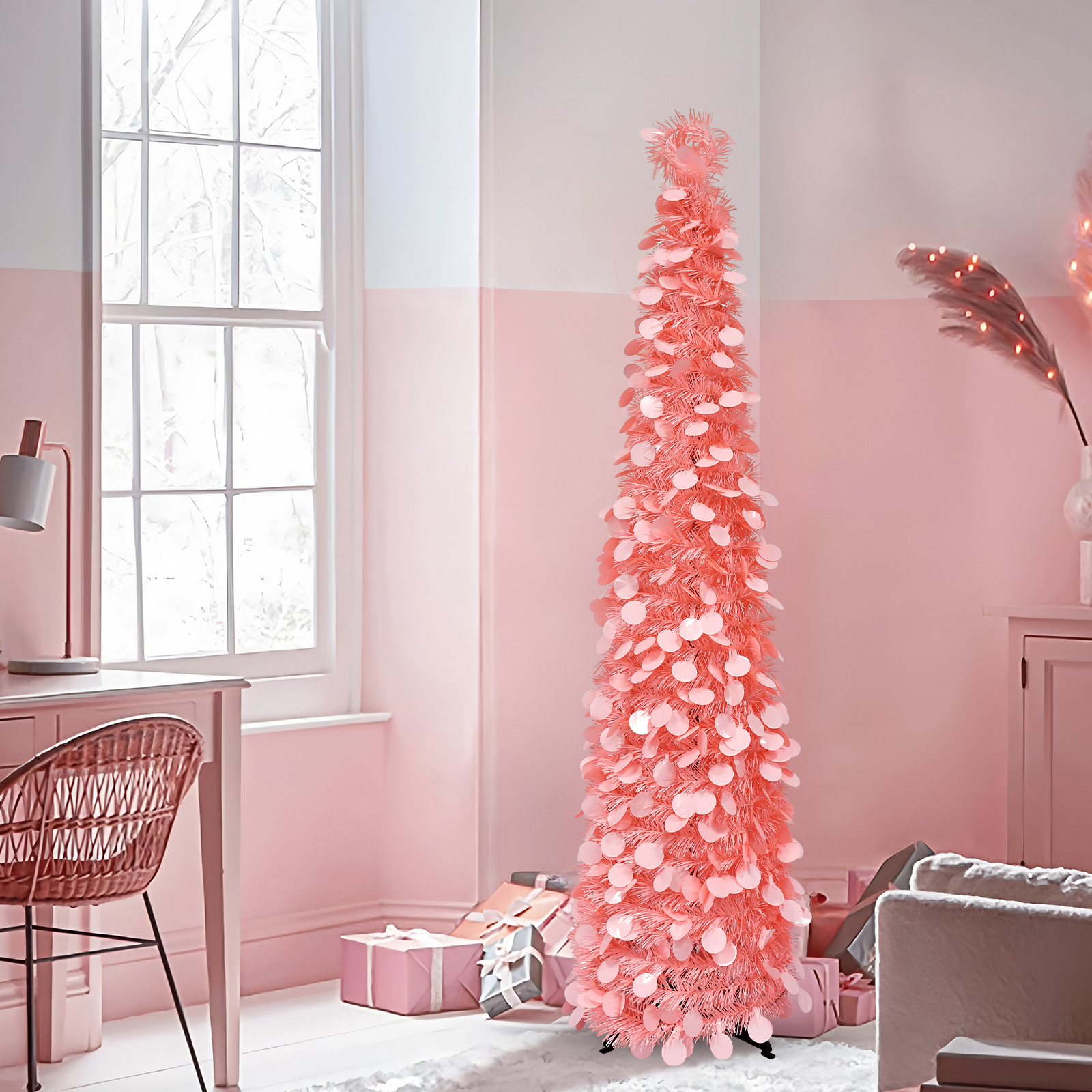 Pink Sequin Tinsel Cone Christmas Tree – Modern Holiday Decor