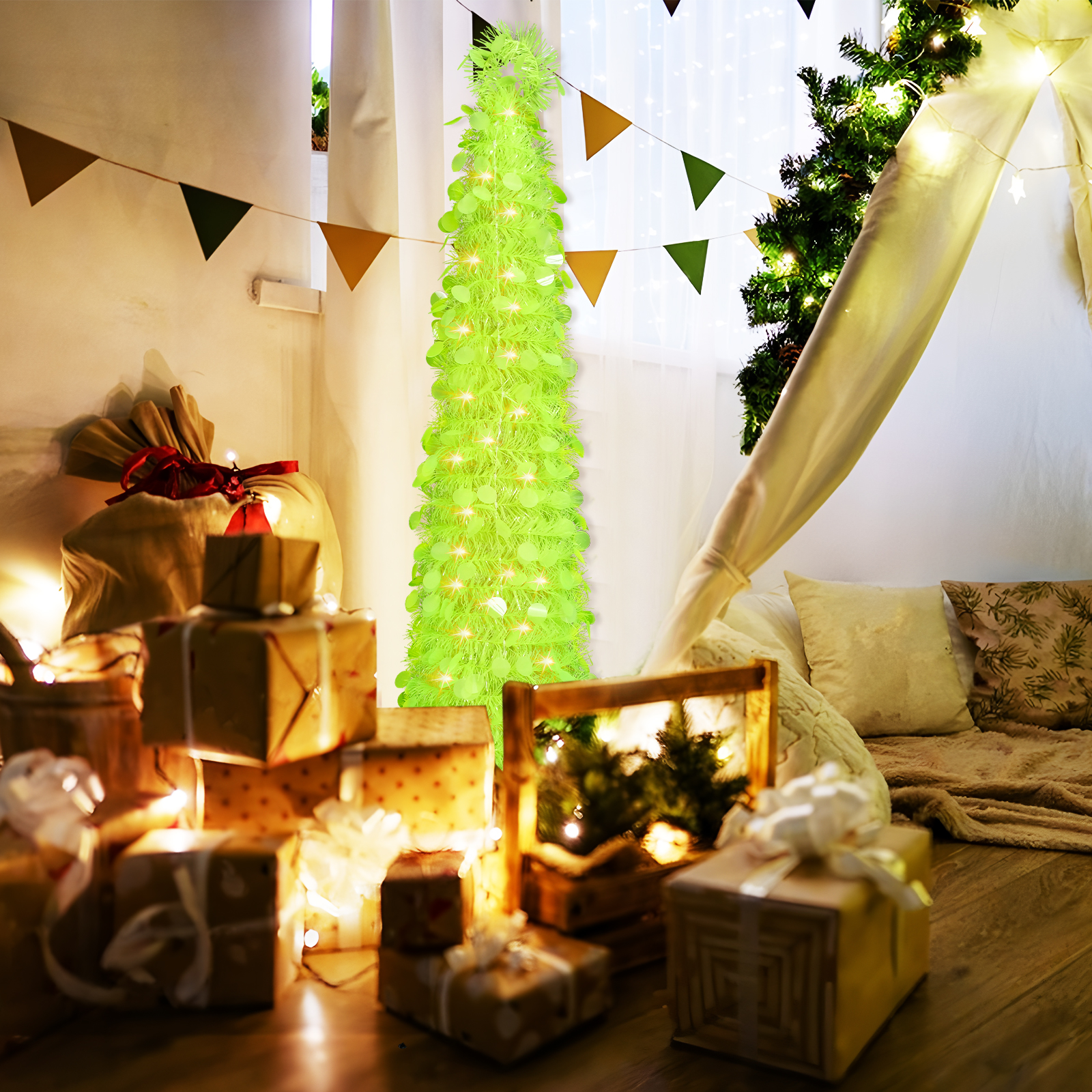 Neon Green Sequin Tinsel Cone Tree – Modern Holiday Tabletop Decor