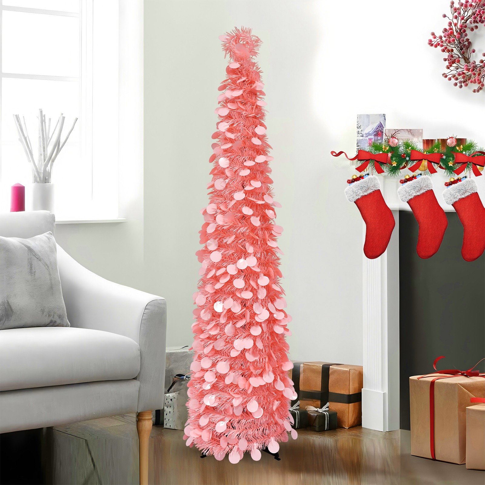 Pink Sequin Tinsel Cone Christmas Tree – Modern Holiday Decor