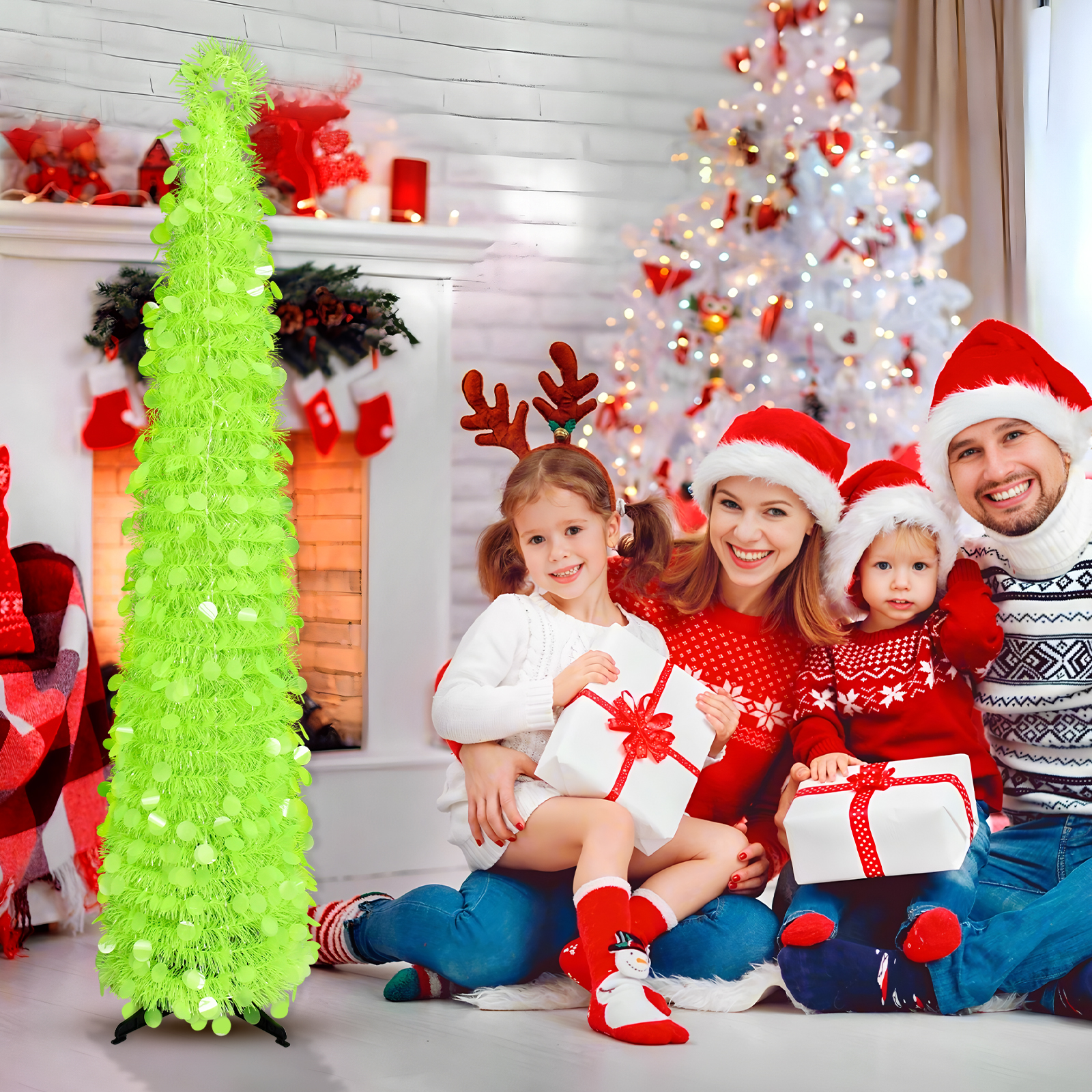 Neon Green Sequin Tinsel Cone Tree – Modern Holiday Tabletop Decor