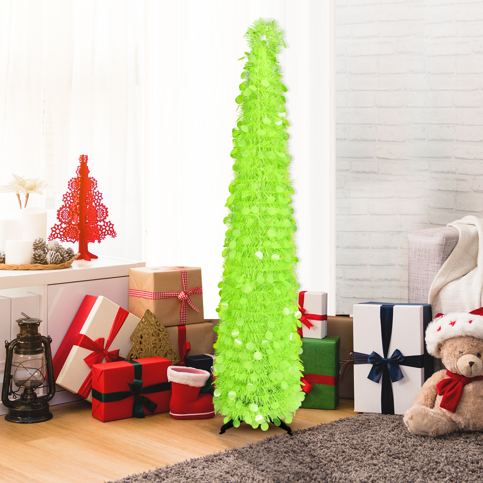 Neon Green Sequin Tinsel Cone Tree – Modern Holiday Tabletop Decor