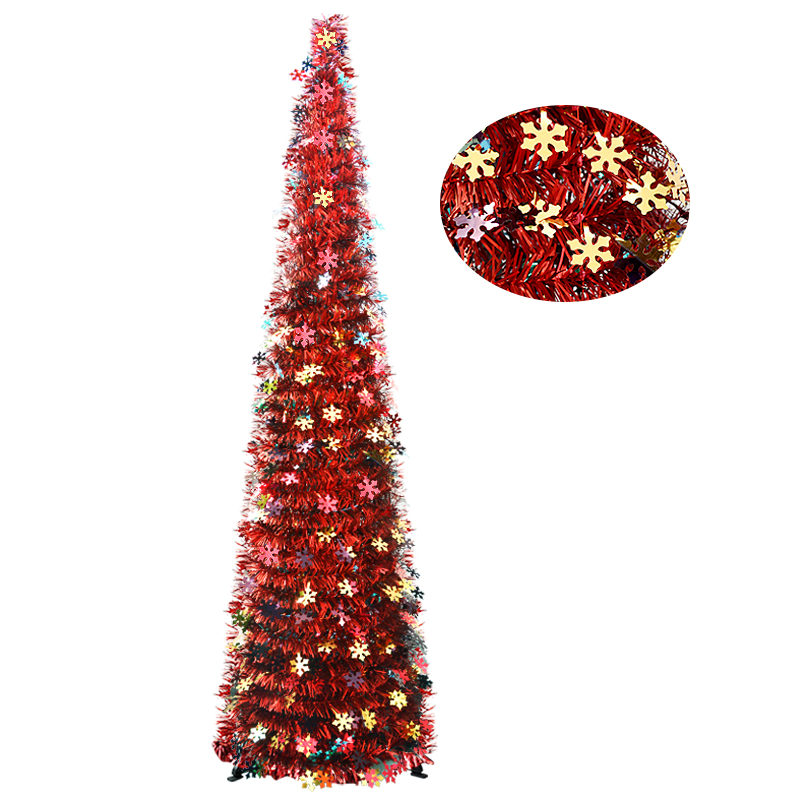 5FT Red Tinsel Christmas Tree with Snowflake Ornaments – Festive Holiday Decoration